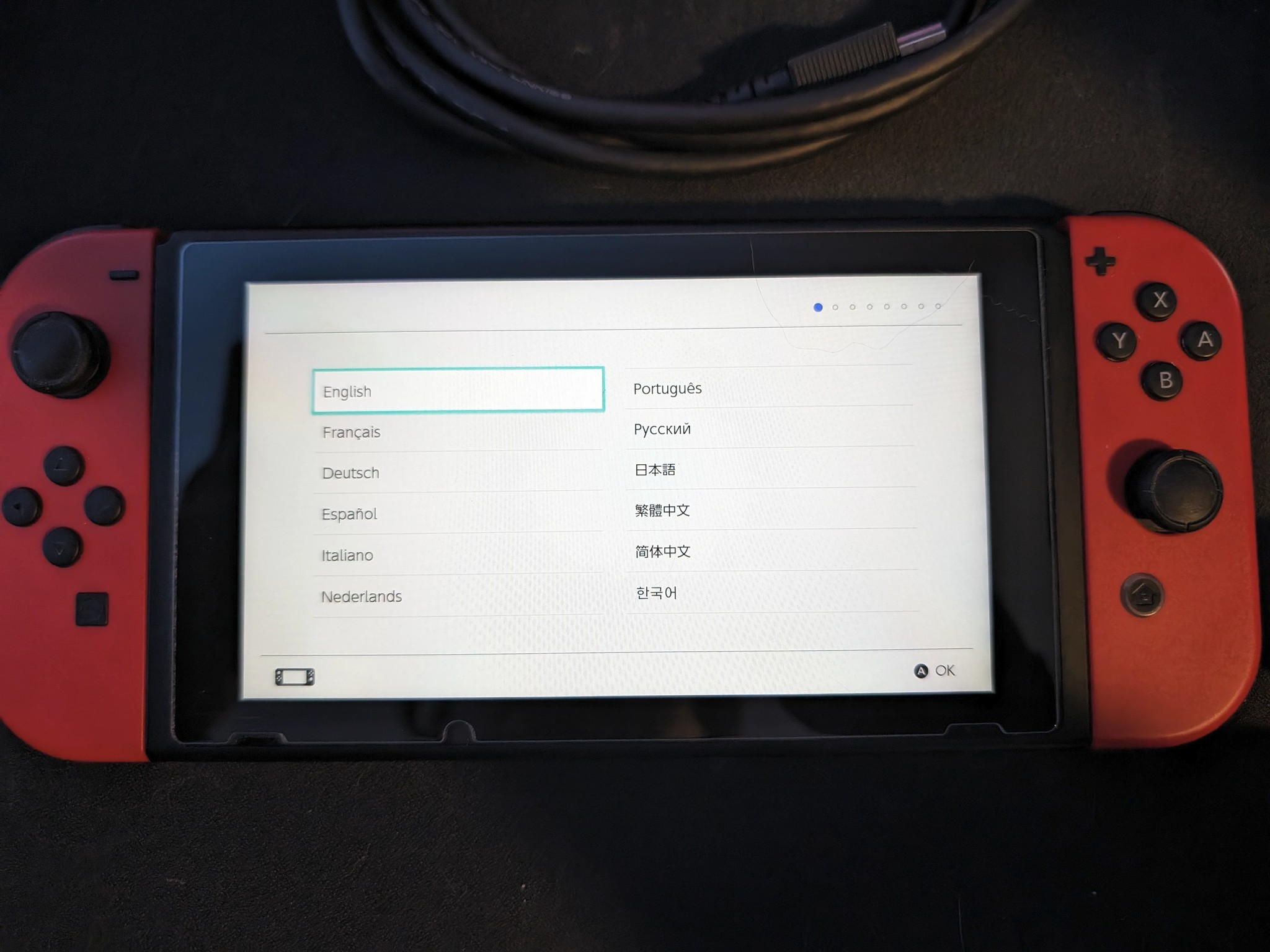 Nintendo Switch 32GB - All Original Accessories + Mario Red Joy Con Pair