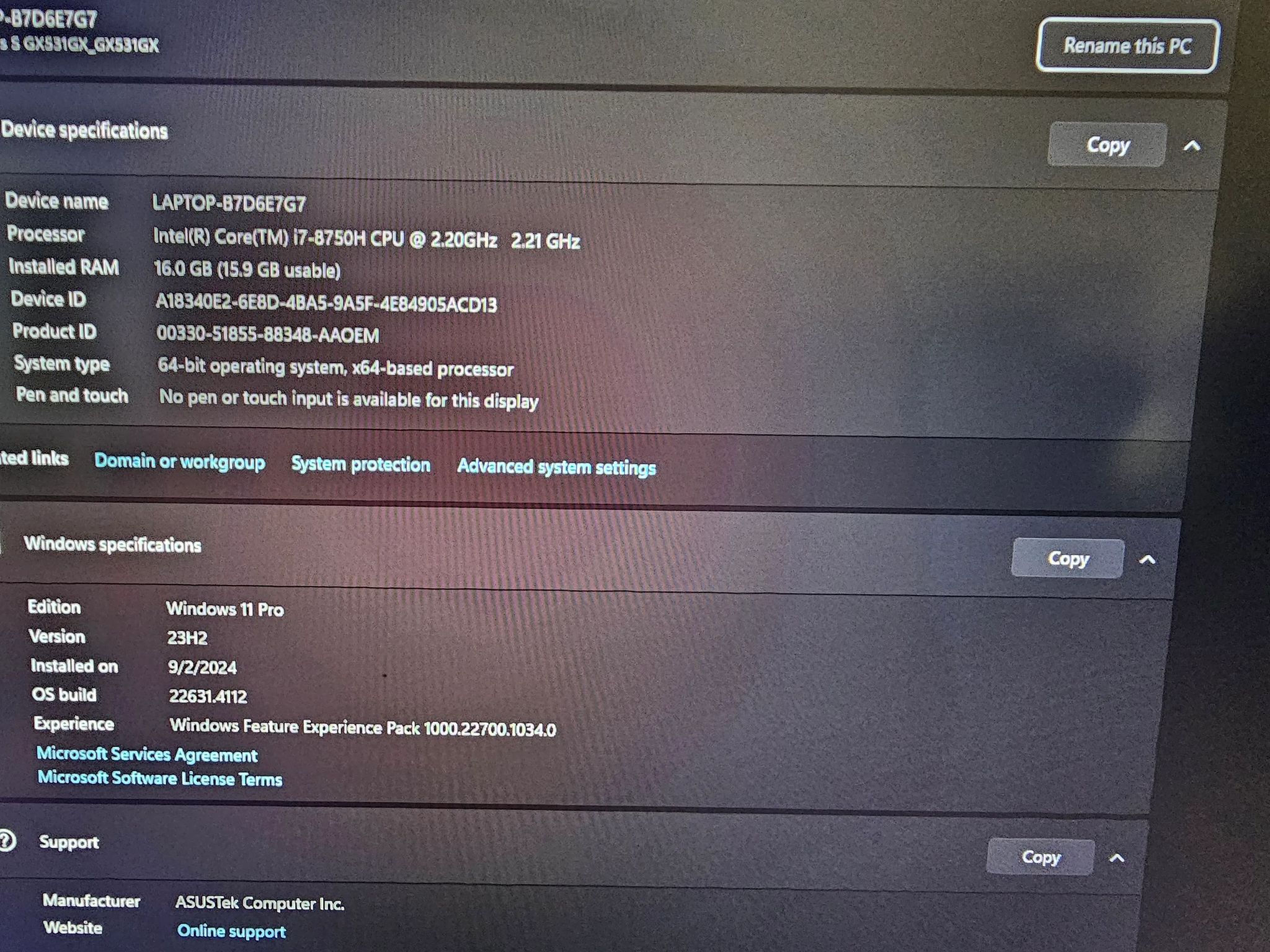 asus zephyrus intel i7 8750H cpu @2.20ghz rtx2080M