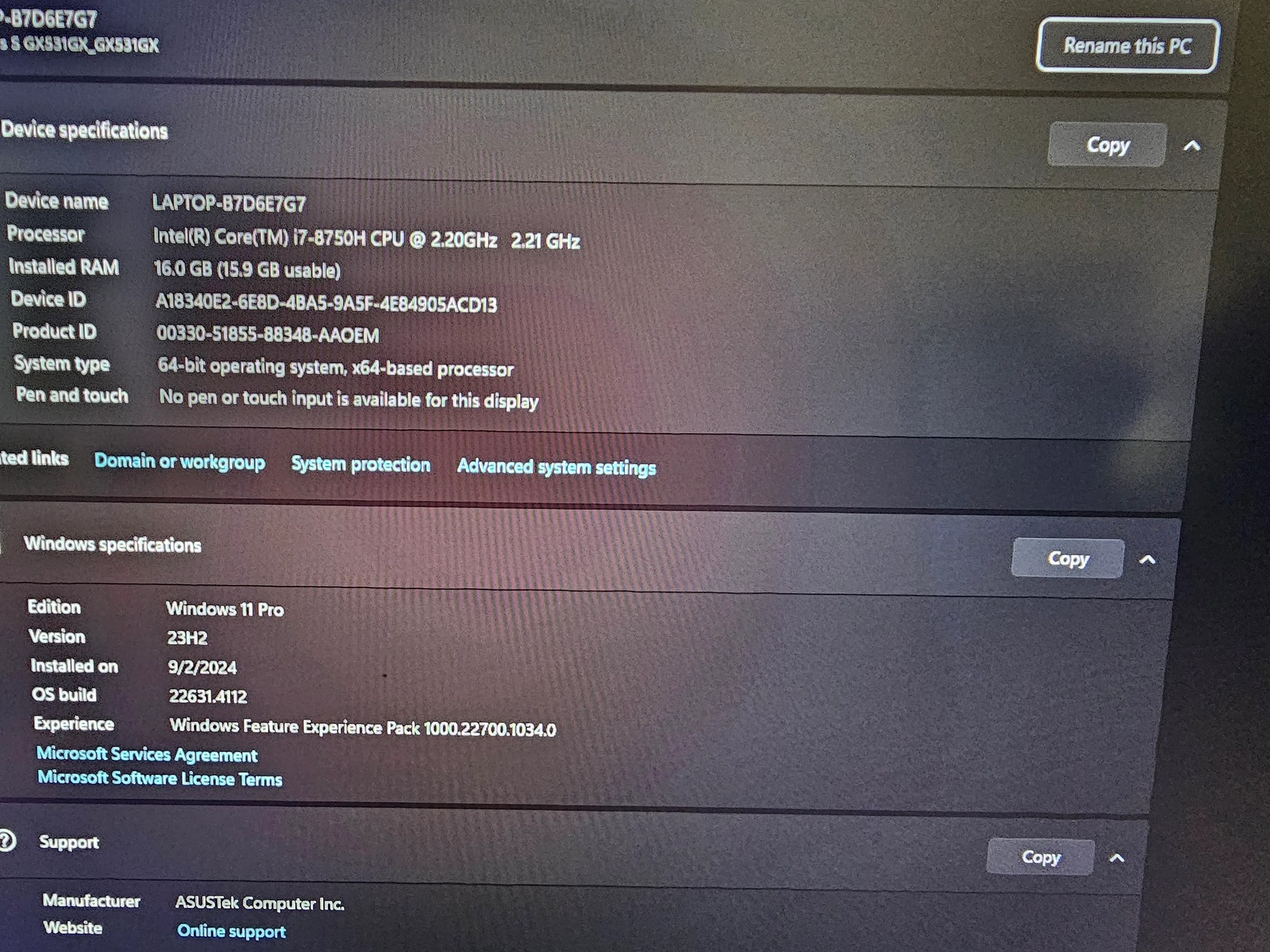 asus zephyrus intel i7 8750H cpu @2.20ghz rtx2080M