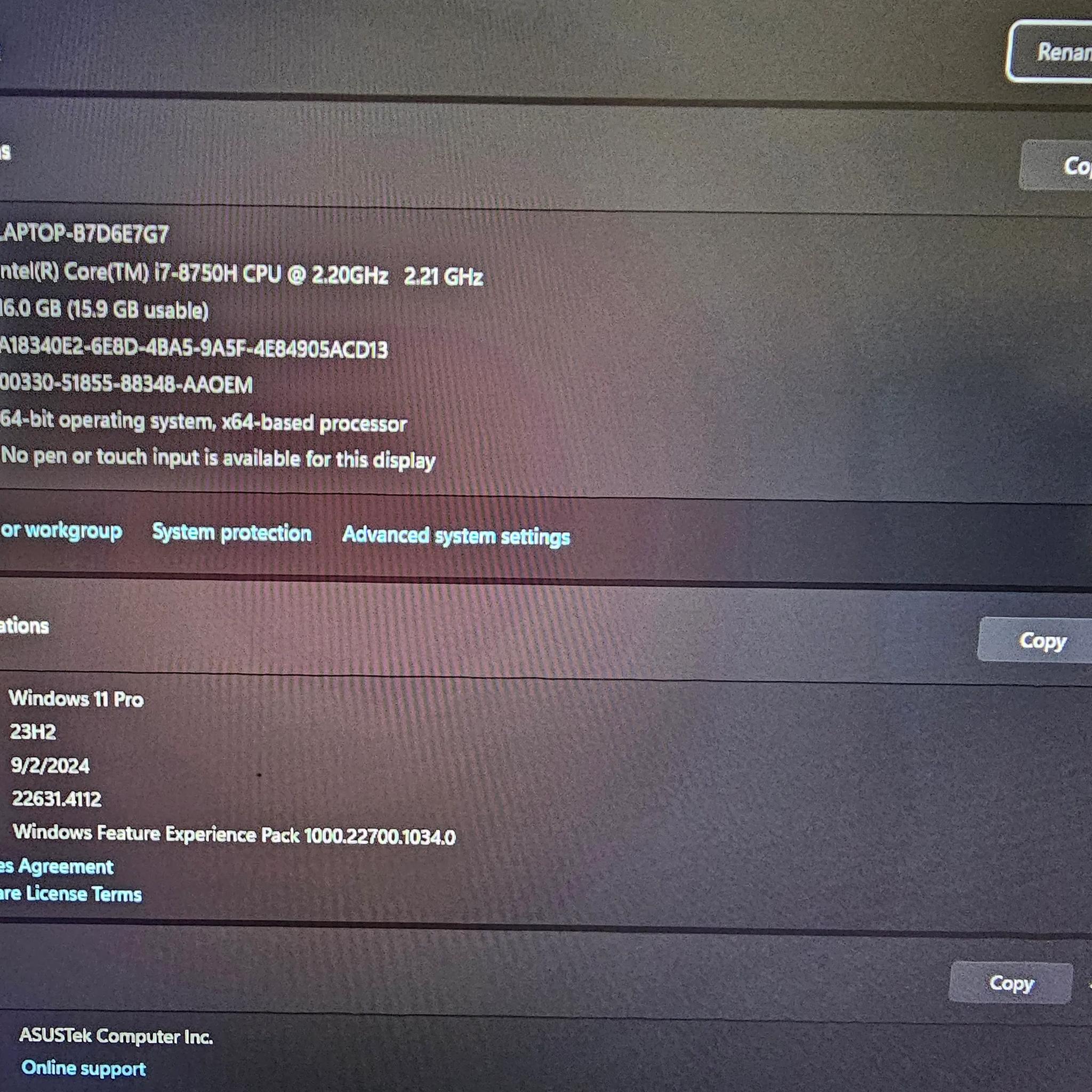 asus zephyrus intel i7 8750H cpu @2.20ghz rtx2080M