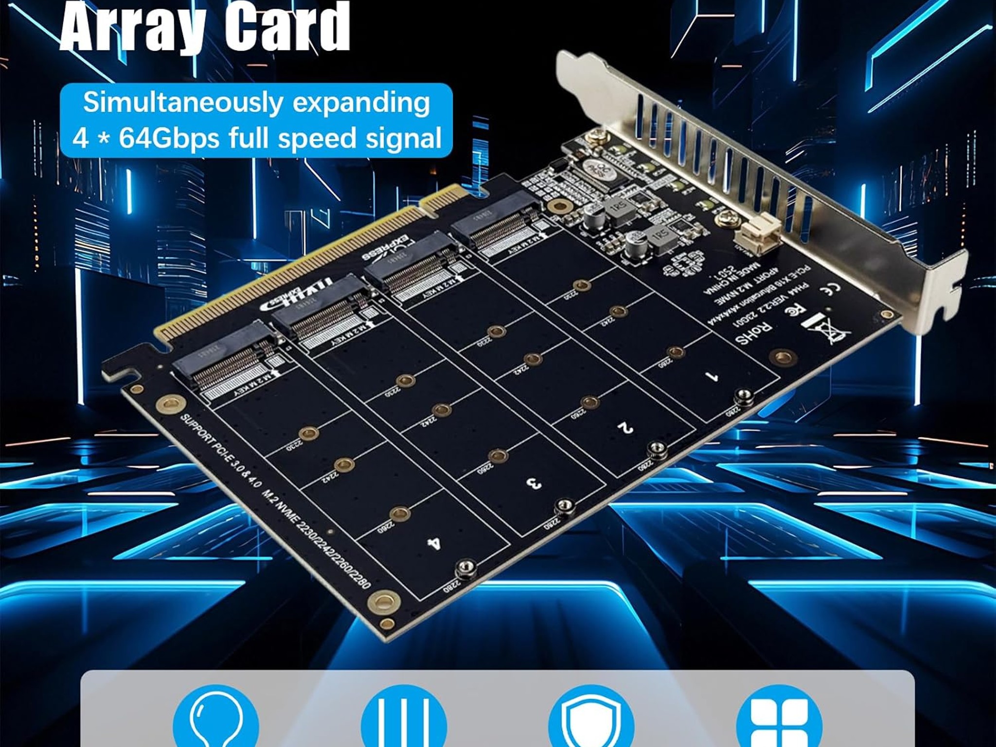 M.2 NVMe SSD to PCI-E x16 Host Controller Expansion Card 4 x 64Gbps M Key Hard Drive