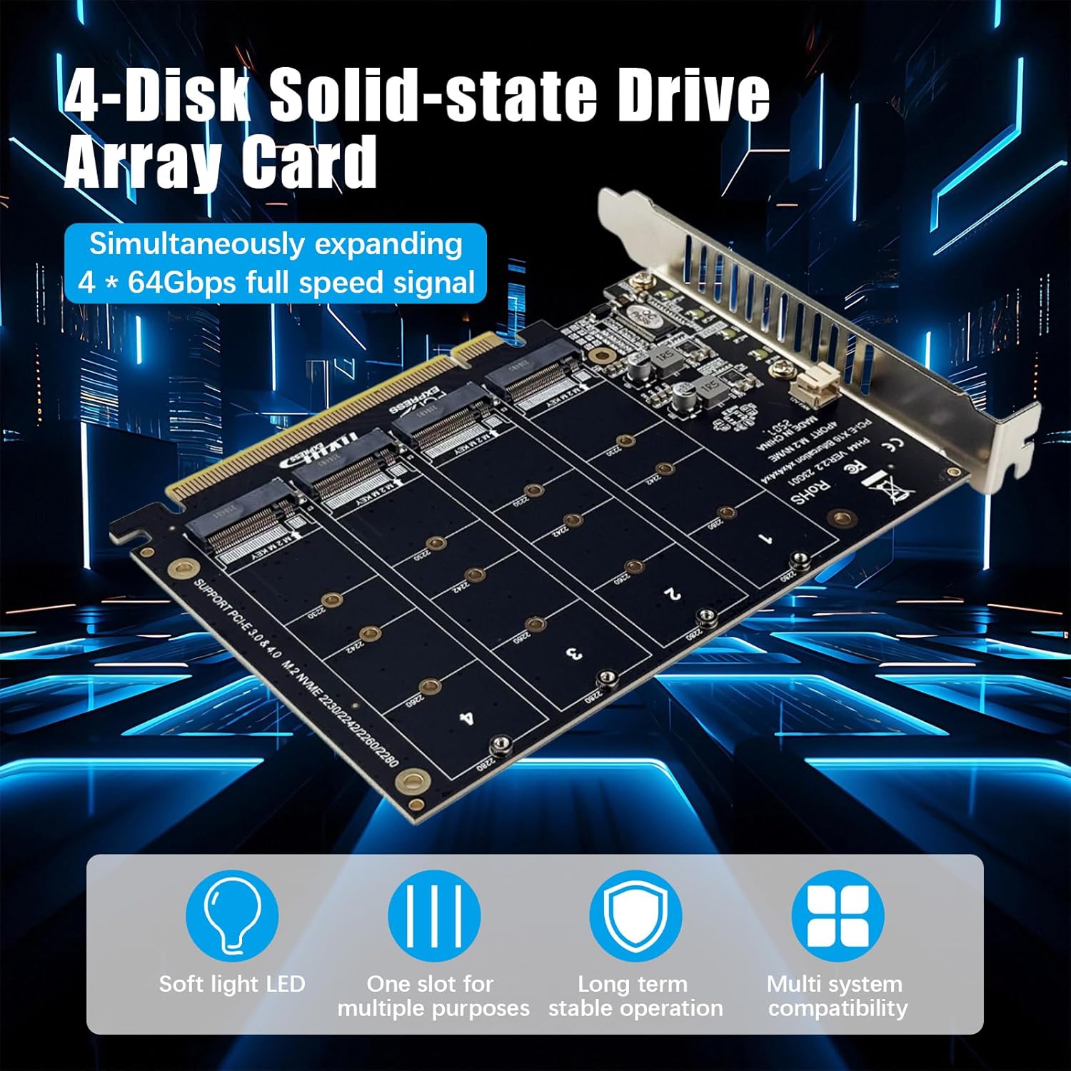 M.2 NVMe SSD to PCI-E x16 Host Controller Expansion Card 4 x 64Gbps M Key Hard Drive