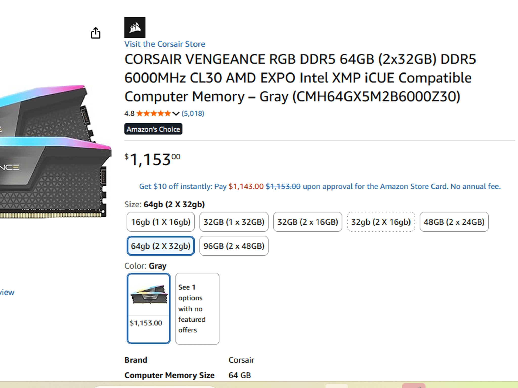 CORSAIR VENGEANCE RGB DDR5 64GB (2x32GB) 6000MT/s CL30 -NEW OPEN BOX