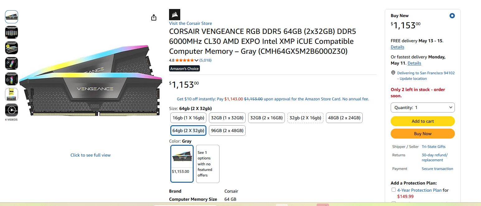 CORSAIR VENGEANCE RGB DDR5 64GB (2x32GB) 6000MT/s CL30 -NEW OPEN BOX