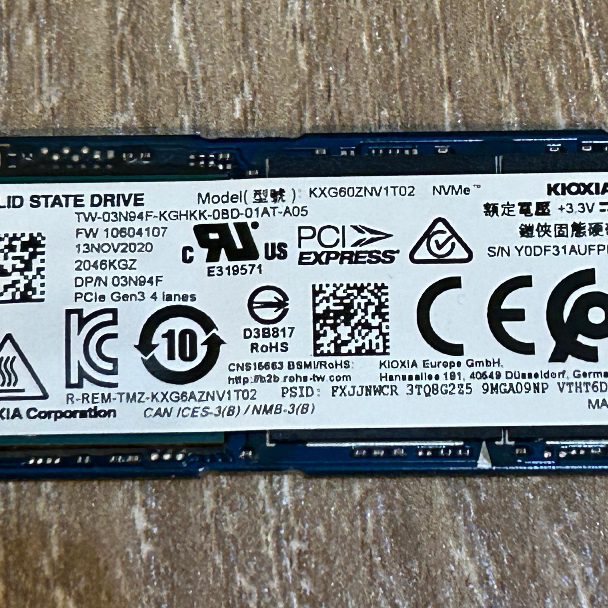 1TB SSD - KIOXIA 2280 M.2 NVMe Gen 3.0 x4 KXG60ZNV1T02 Solid State Drive - 22264