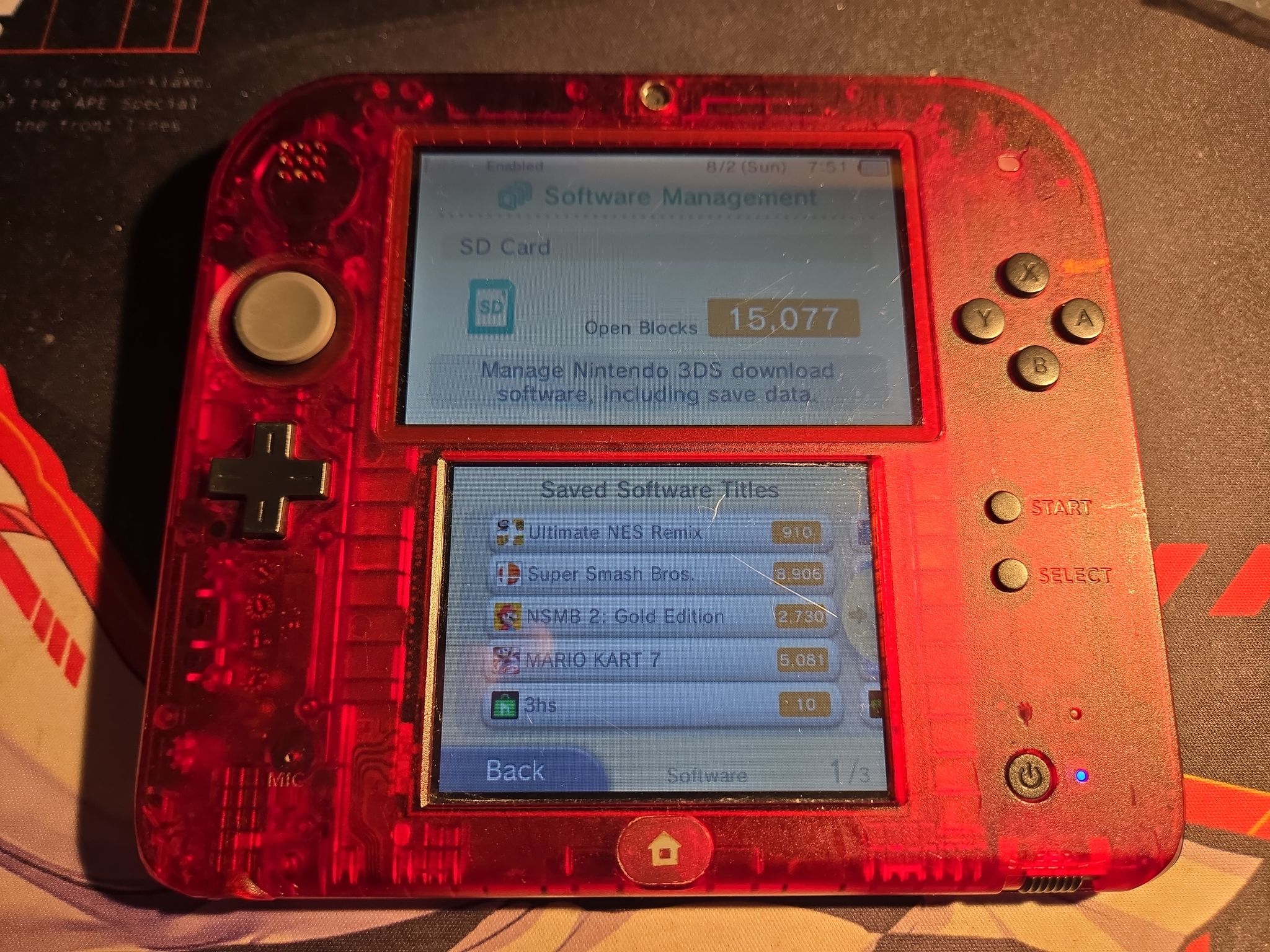 CUSTOM USED Nintendo 2DS Crystal Red/Black Handheld Console with Multiple Games