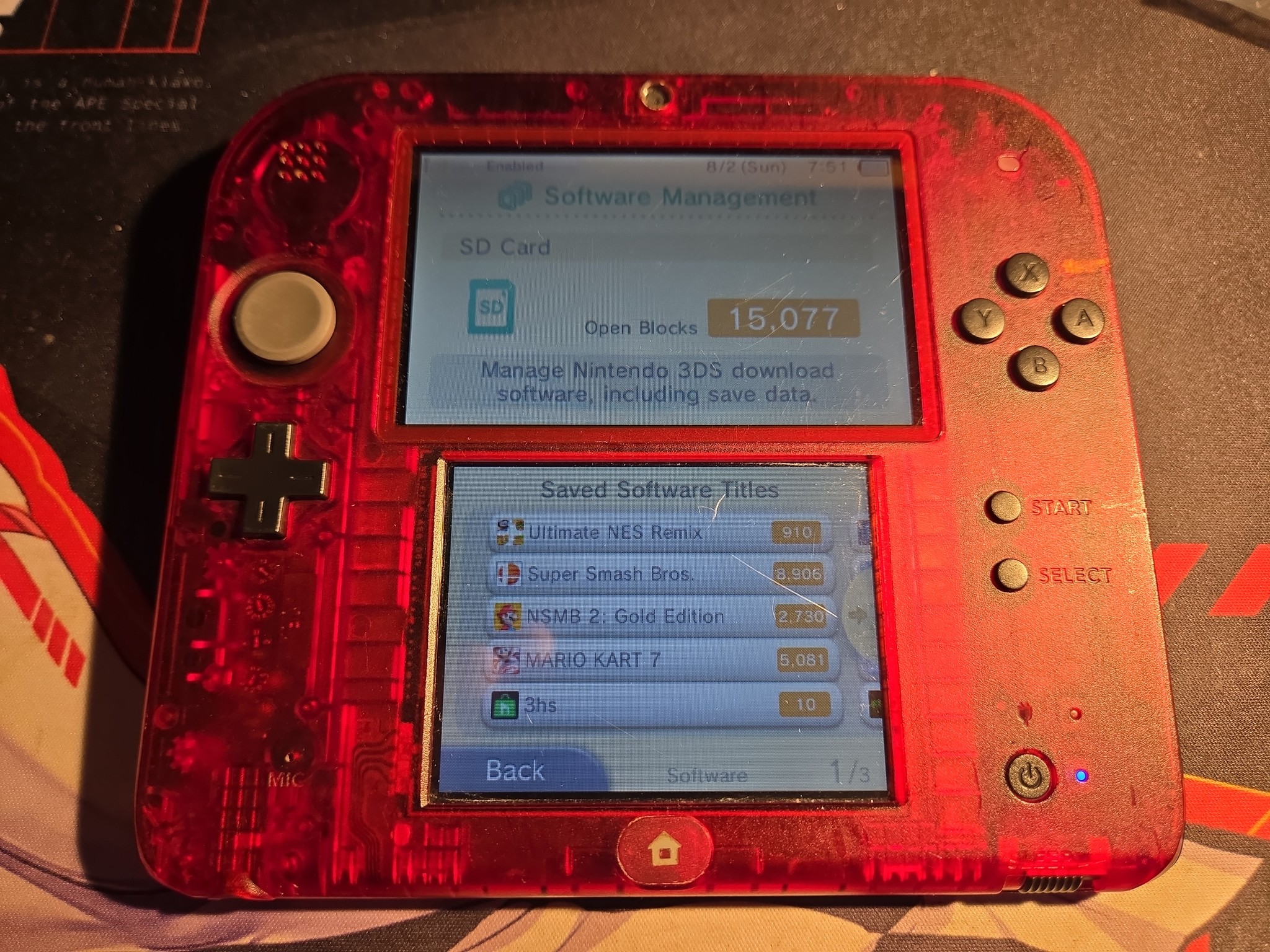 CUSTOM USED Nintendo 2DS Crystal Red/Black Handheld Console with Multiple Games