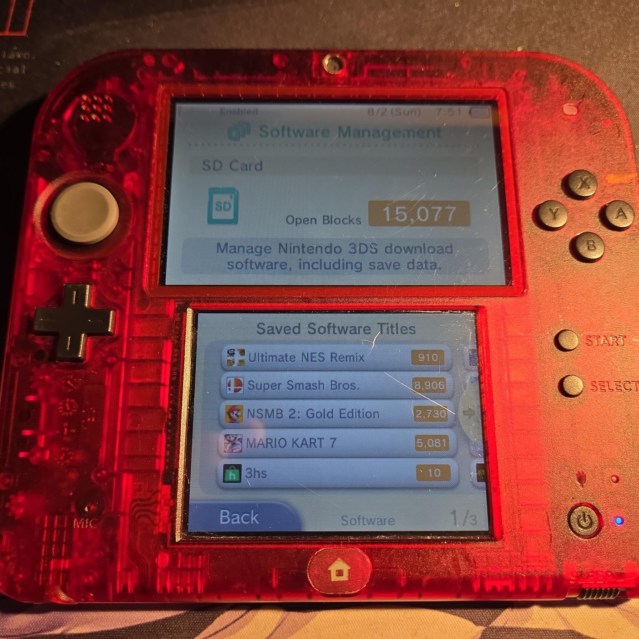 CUSTOM USED Nintendo 2DS Crystal Red/Black Handheld Console with Multiple Games