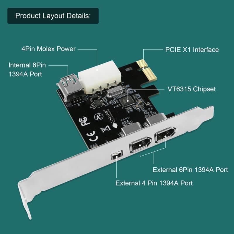 Firewire Card Internal Firewire Port Cards 1394A PCIE 4-Ports FireWire 400 Expansion Card
