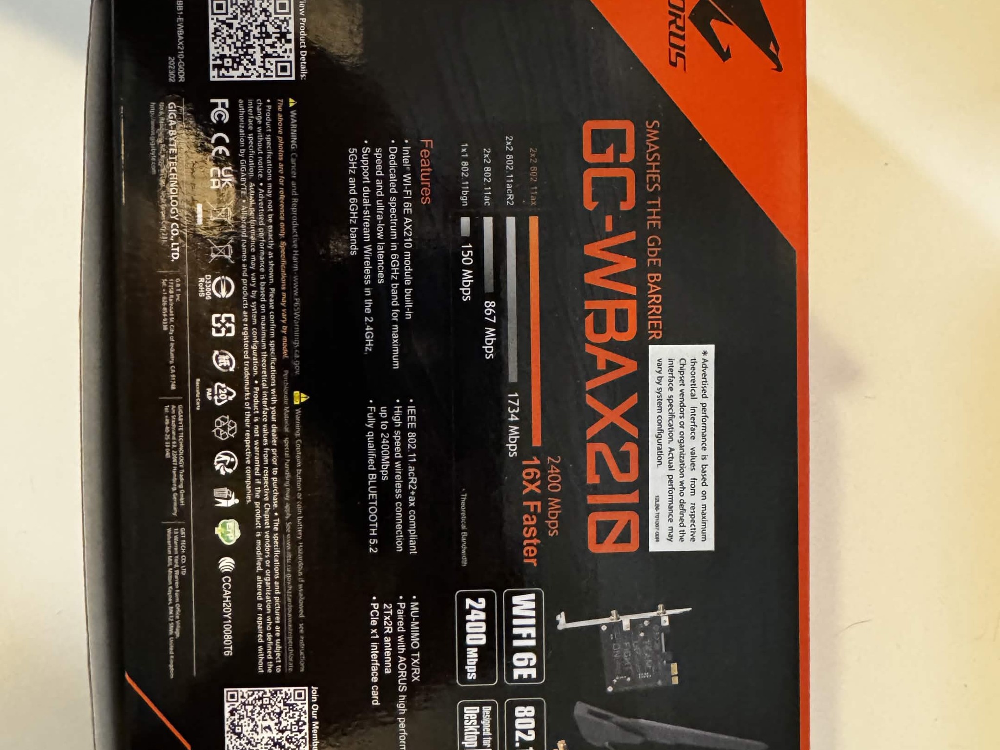 USED GIGABYTE WiFi 6E GC-WBAX210 (2x2 802.11ax/ Tri-Band WiFi/Bluetooth 5.2/ PCIe Expansion Card)
