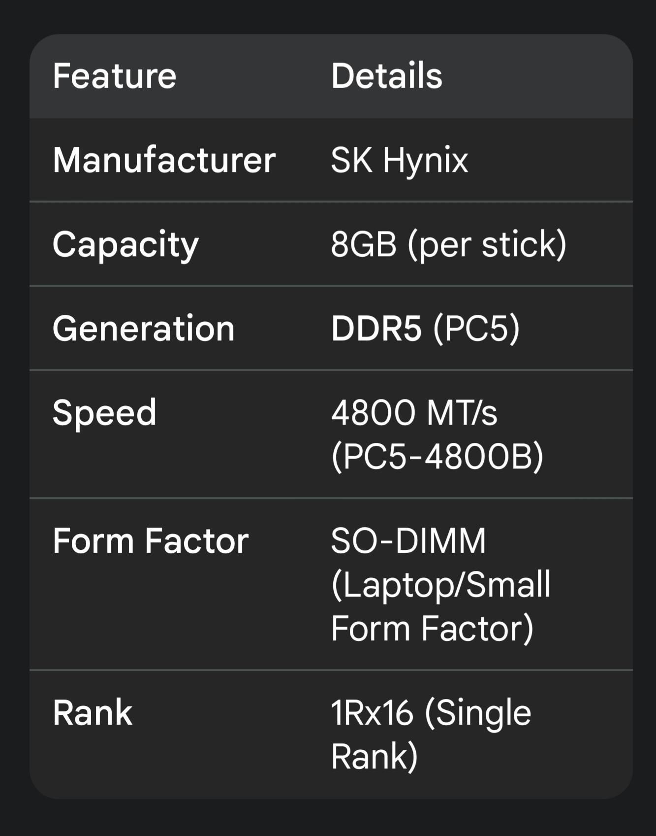 SK Hynix 16GB Kit DDR5 Ram (Laptop) 4800 MTS