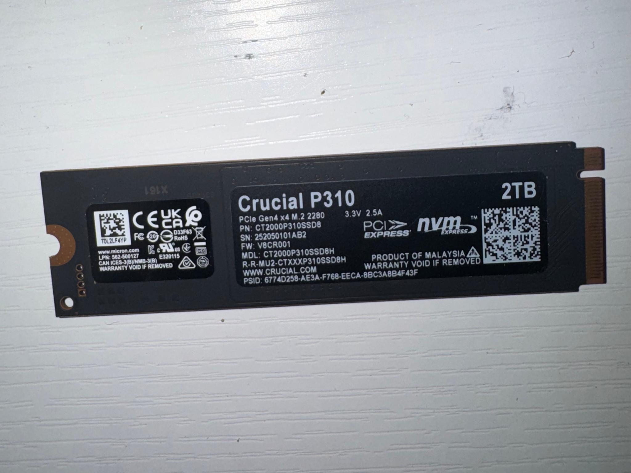 Crucial P310 2TB SSD, PCIe Gen4 NVMe M.2 2280, Up to 7,100MB/s,