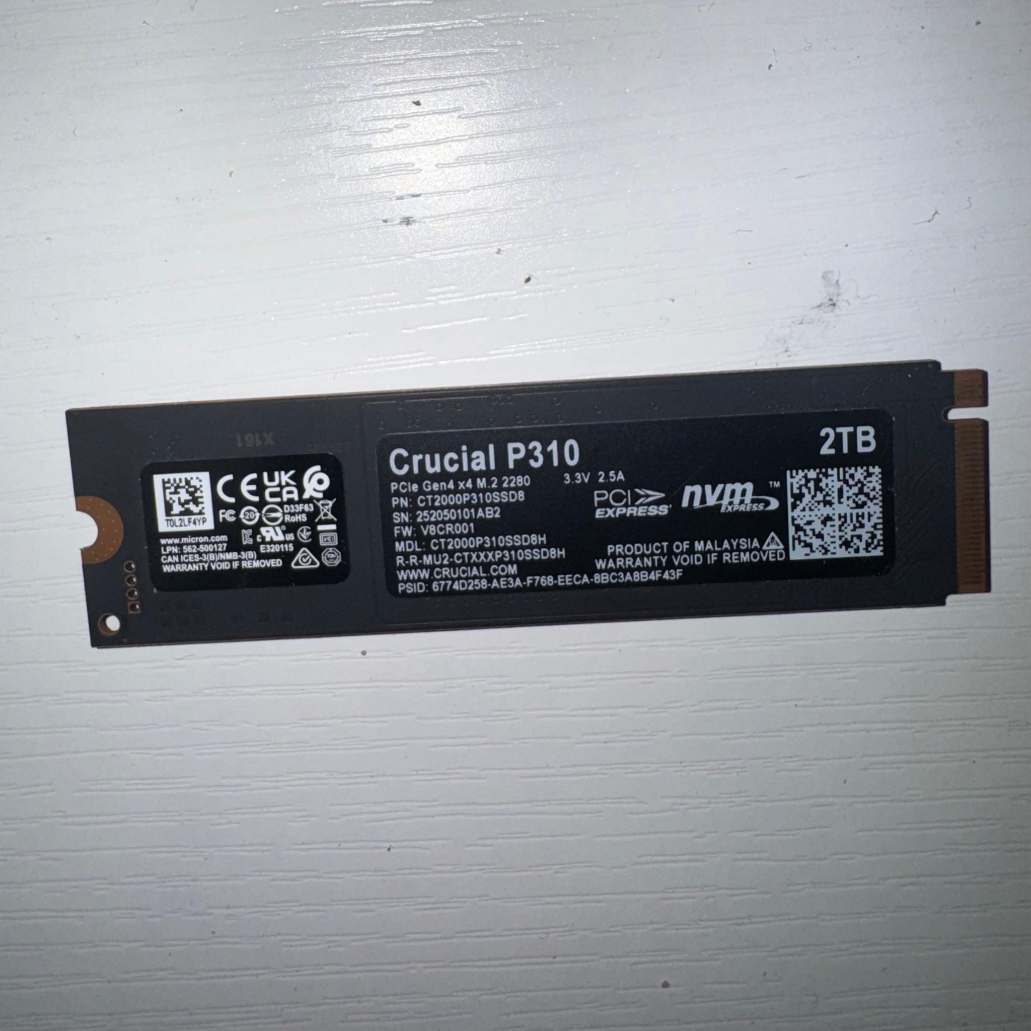 Crucial P310 2TB SSD, PCIe Gen4 NVMe M.2 2280, Up to 7,100MB/s,