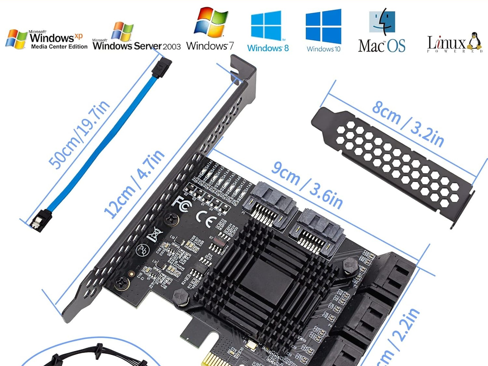 PCIe 8-Port SATA Controller Card 6 Gbps Windows, MAC, Linux w/ 8 SATA Cables & Low Profile Bracket