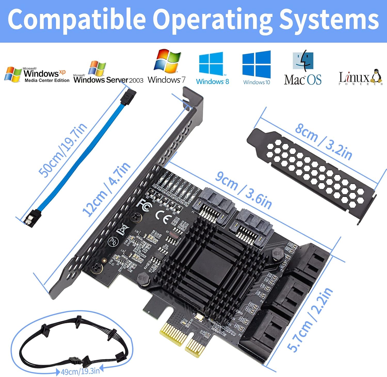 PCIe 8-Port SATA Controller Card 6 Gbps Windows, MAC, Linux w/ 8 SATA Cables & Low Profile Bracket