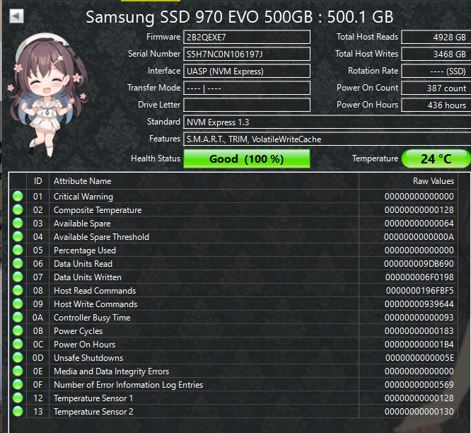 Samsung 970 EVO 500GB NVMe M.2 SSD PCIe Gen3 x4 – Tested – 100% Health