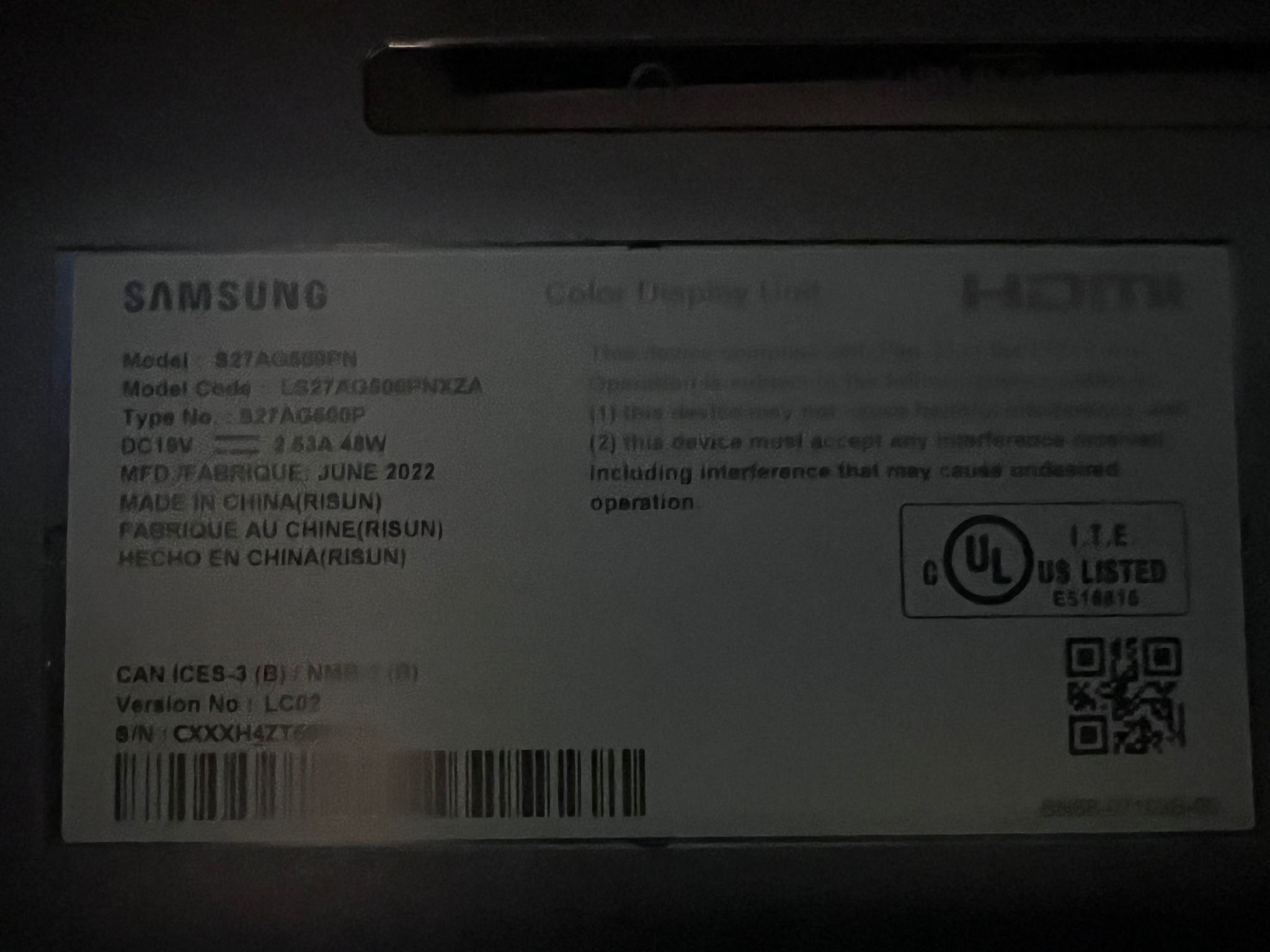 SAMSUNG G5 27” 165hz  QHD Monitor 