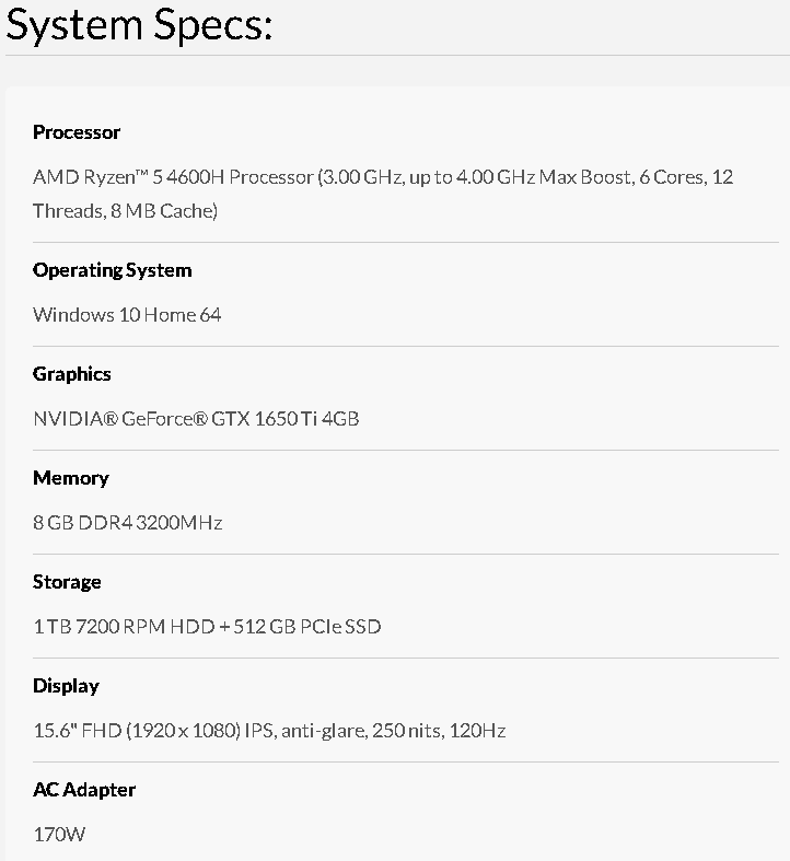Legion 5 1650ti, Ryzen 5 4600U, 15.6 Inch 1080p 120hz display, 16gb of ram 3200mhz