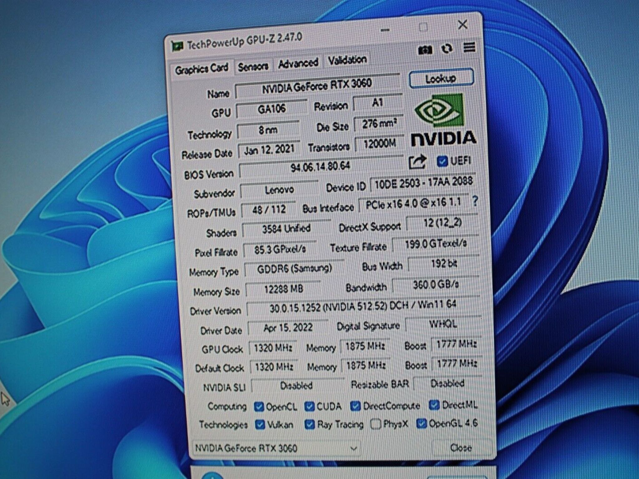 NVIDIA GEFORCE RTX 3060 12GB GDDR6 Graphics Card NON-LHR From Lenovo Legion