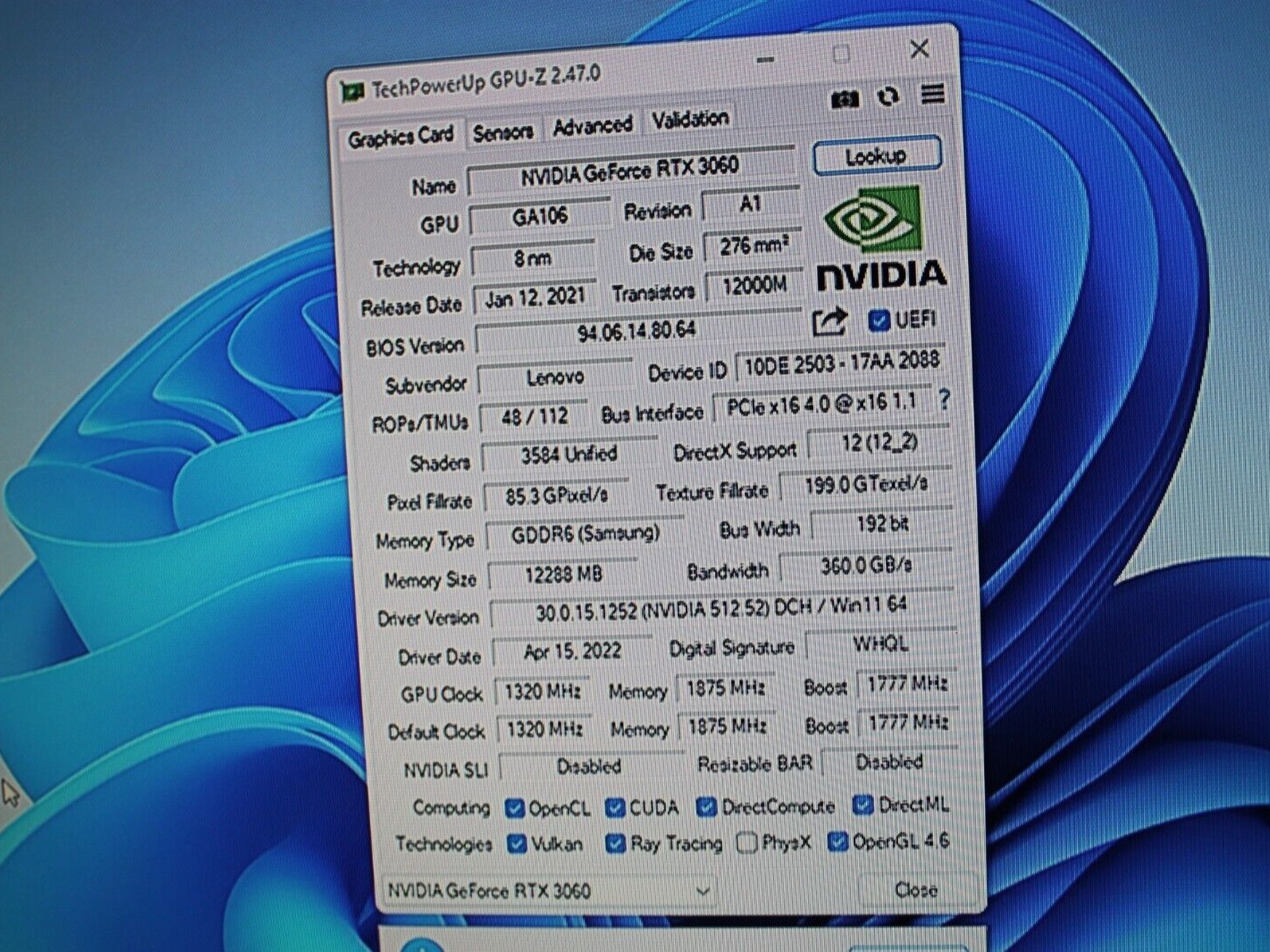 NVIDIA GEFORCE RTX 3060 12GB GDDR6 Graphics Card NON-LHR From Lenovo Legion