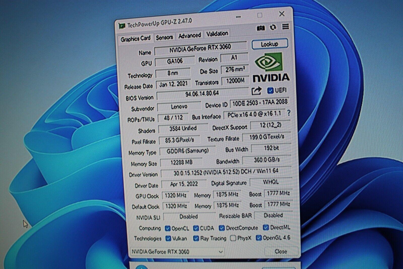 NVIDIA GEFORCE RTX 3060 12GB GDDR6 Graphics Card NON-LHR From Lenovo Legion