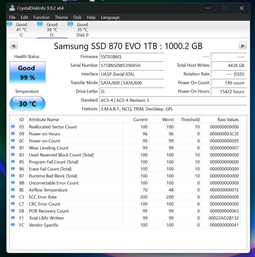 Samsung 870 EVO 1TB SATA SSDs - 99-100% Health