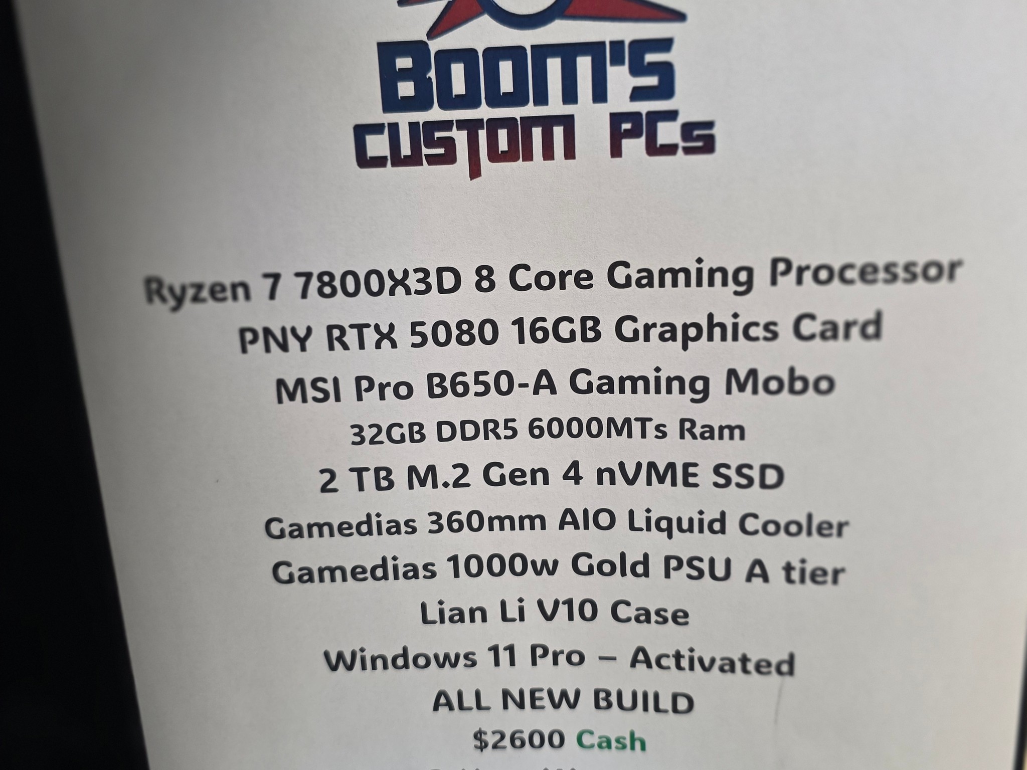 4K / 1440p Gaming Streaming PC Computer ( RTX 5080 , Ryzen 7800X3D, 32gb DDR5)