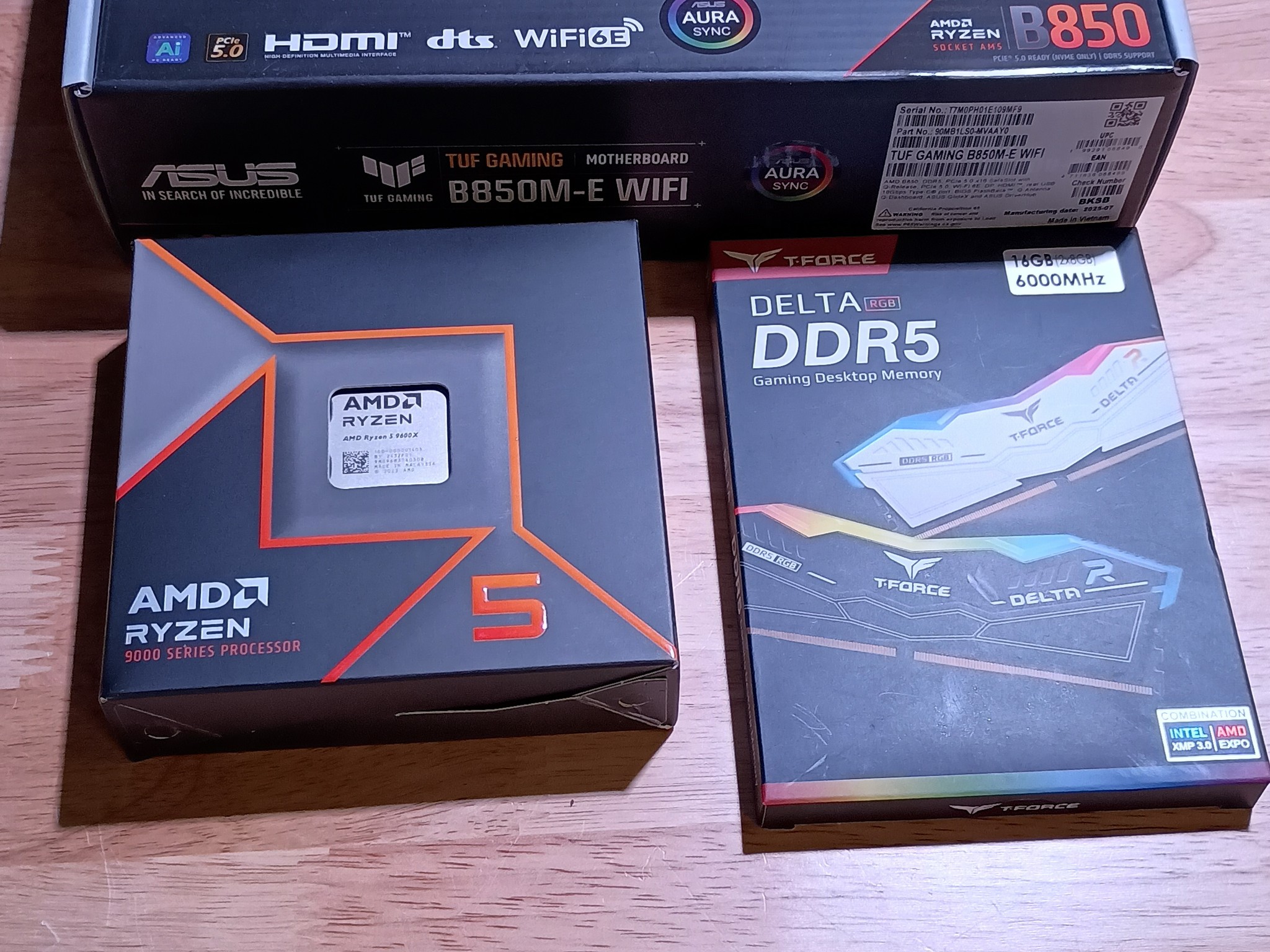 DDR5 Bundle - NEW - Asus B850M-E WiFi MB, Ryzen 5 9600x CPU, 16gb DDR5 (2x8gb) 6000mhz argb ram