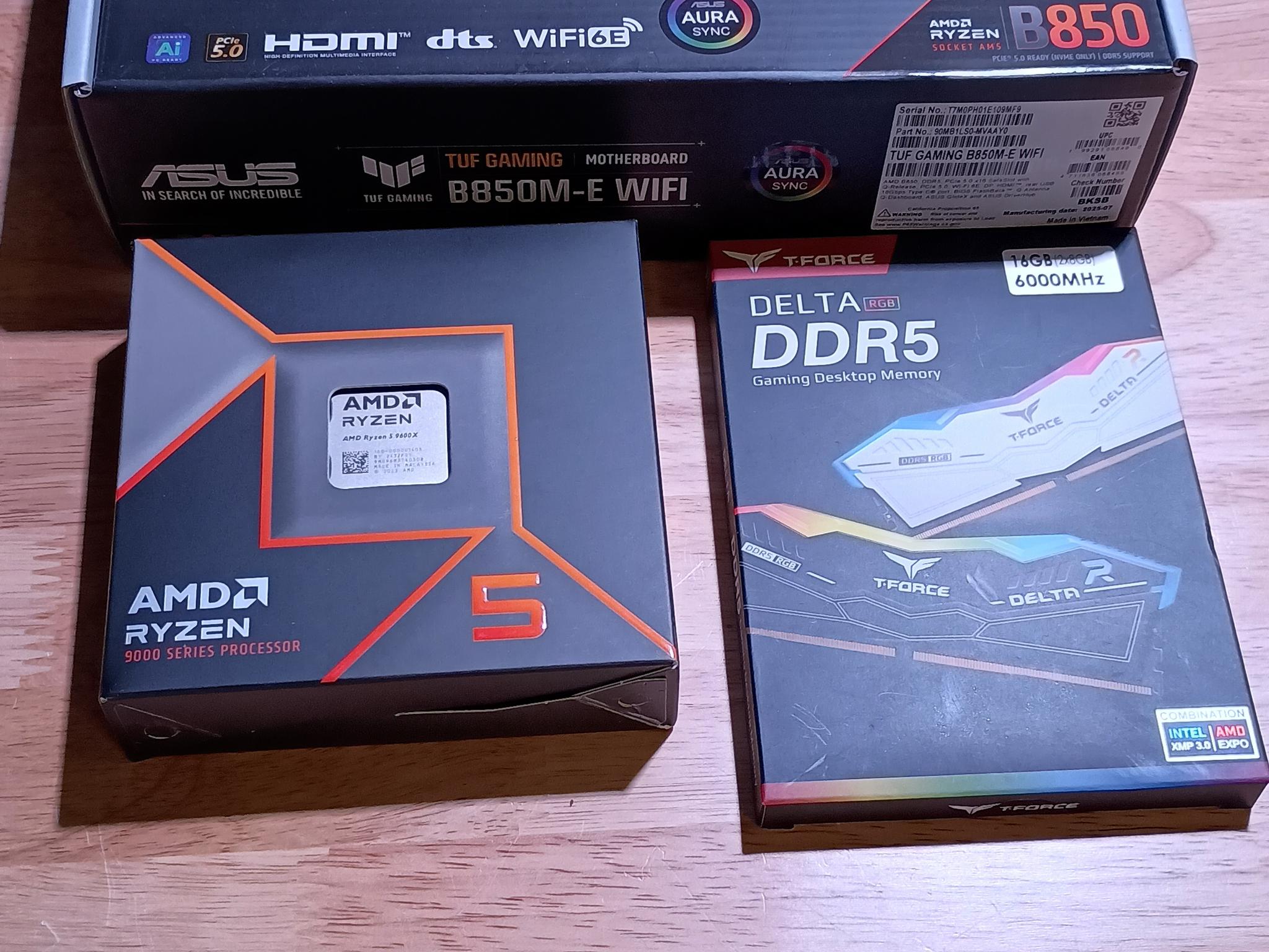DDR5 Bundle - NEW - Asus B850M-E WiFi MB, Ryzen 5 9600x CPU, 16gb DDR5 (2x8gb) 6000mhz argb ram