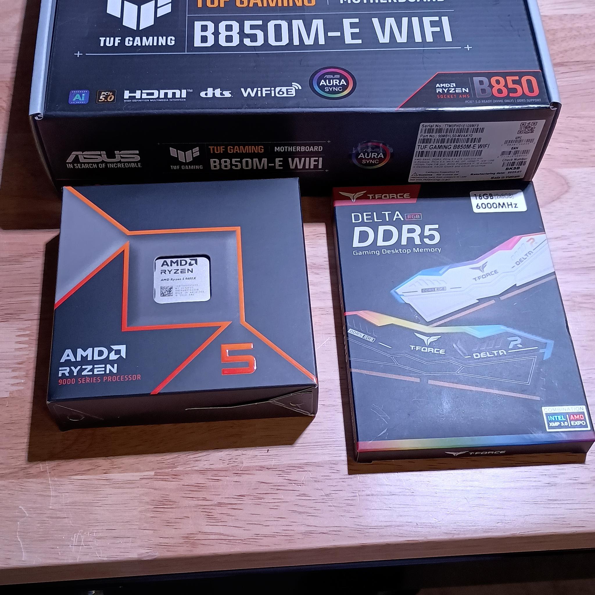 DDR5 Bundle - NEW - Asus B850M-E WiFi MB, Ryzen 5 9600x CPU, 16gb DDR5 (2x8gb) 6000mhz argb ram