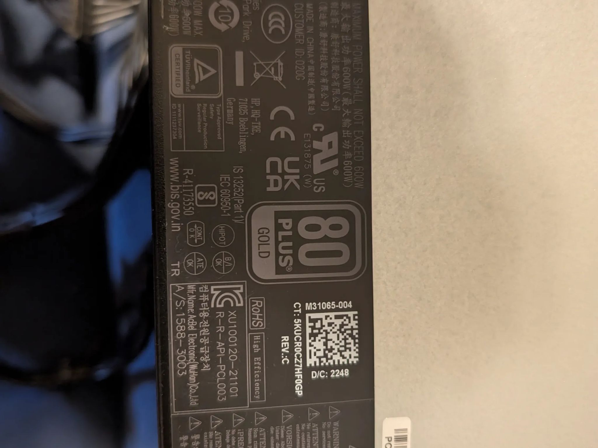 80+ GOLD OMEN by HP 40L Cooler Master PS-4601-1  ATX Power Supply 600W