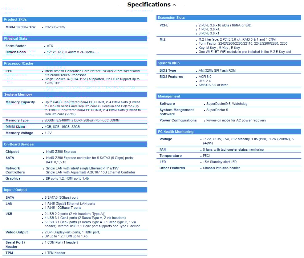 SUPERMICRO INTEL Z390 LGA1151 DDR4 ATX MOTHERBOARD (MODEL MBD-C9Z390-CGW)