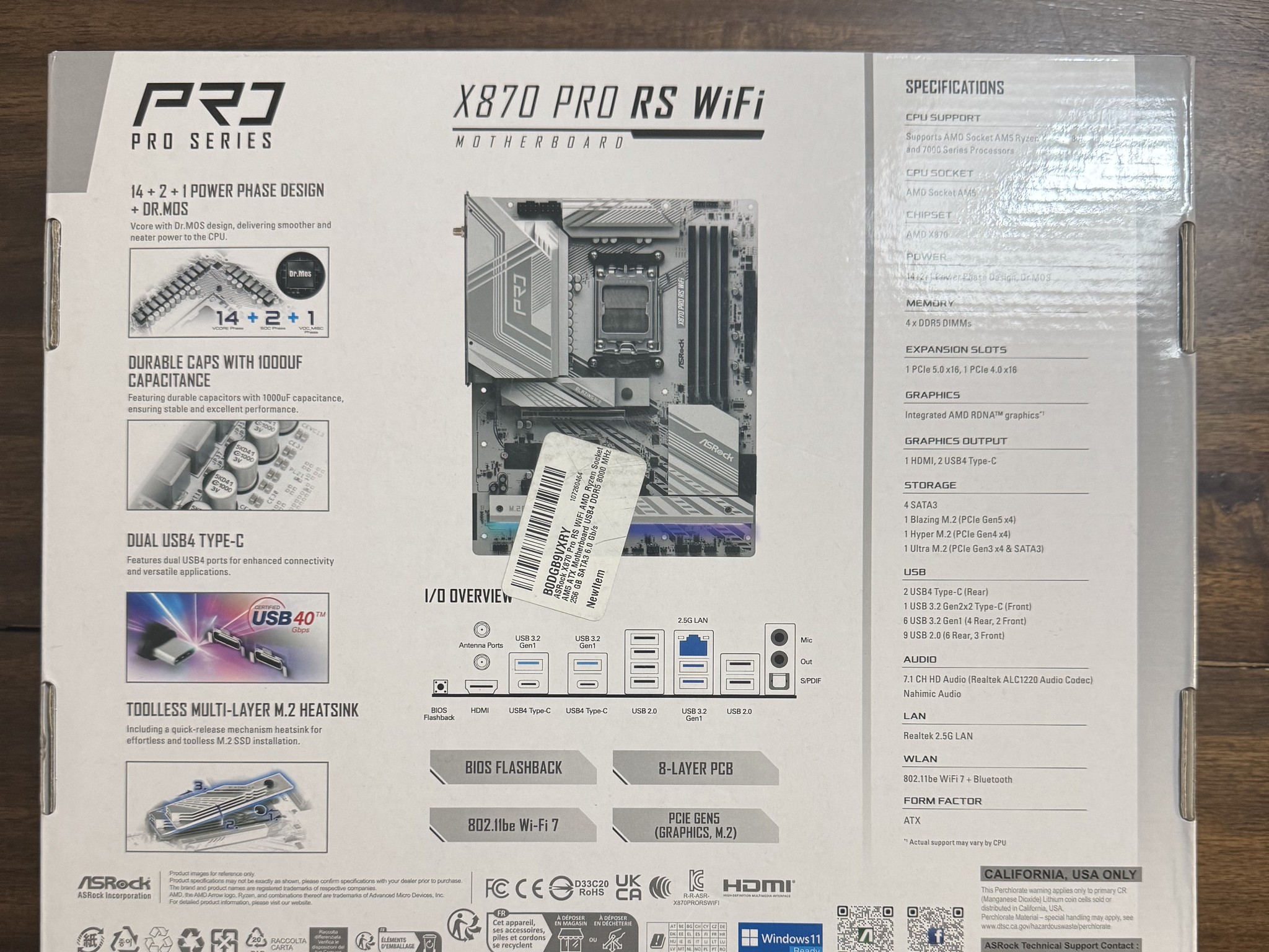 ASRock X870 Pro RS WiFi AMD Ryzen Socket AM5 ATX Motherboard USB4 DDR5 8000 MHz 256 GB SATA3 6.0