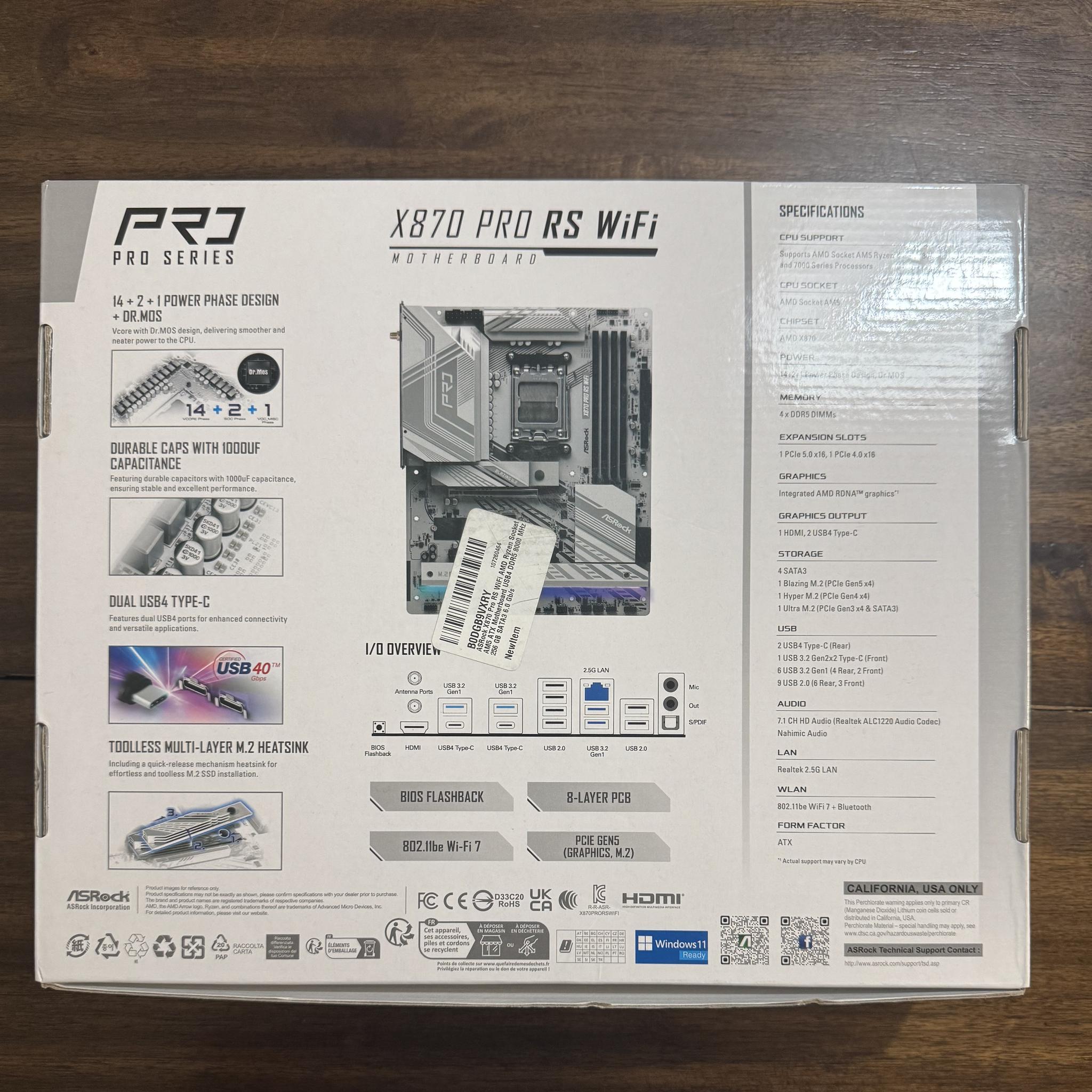 ASRock X870 Pro RS WiFi AMD Ryzen Socket AM5 ATX Motherboard USB4 DDR5 8000 MHz 256 GB SATA3 6.0