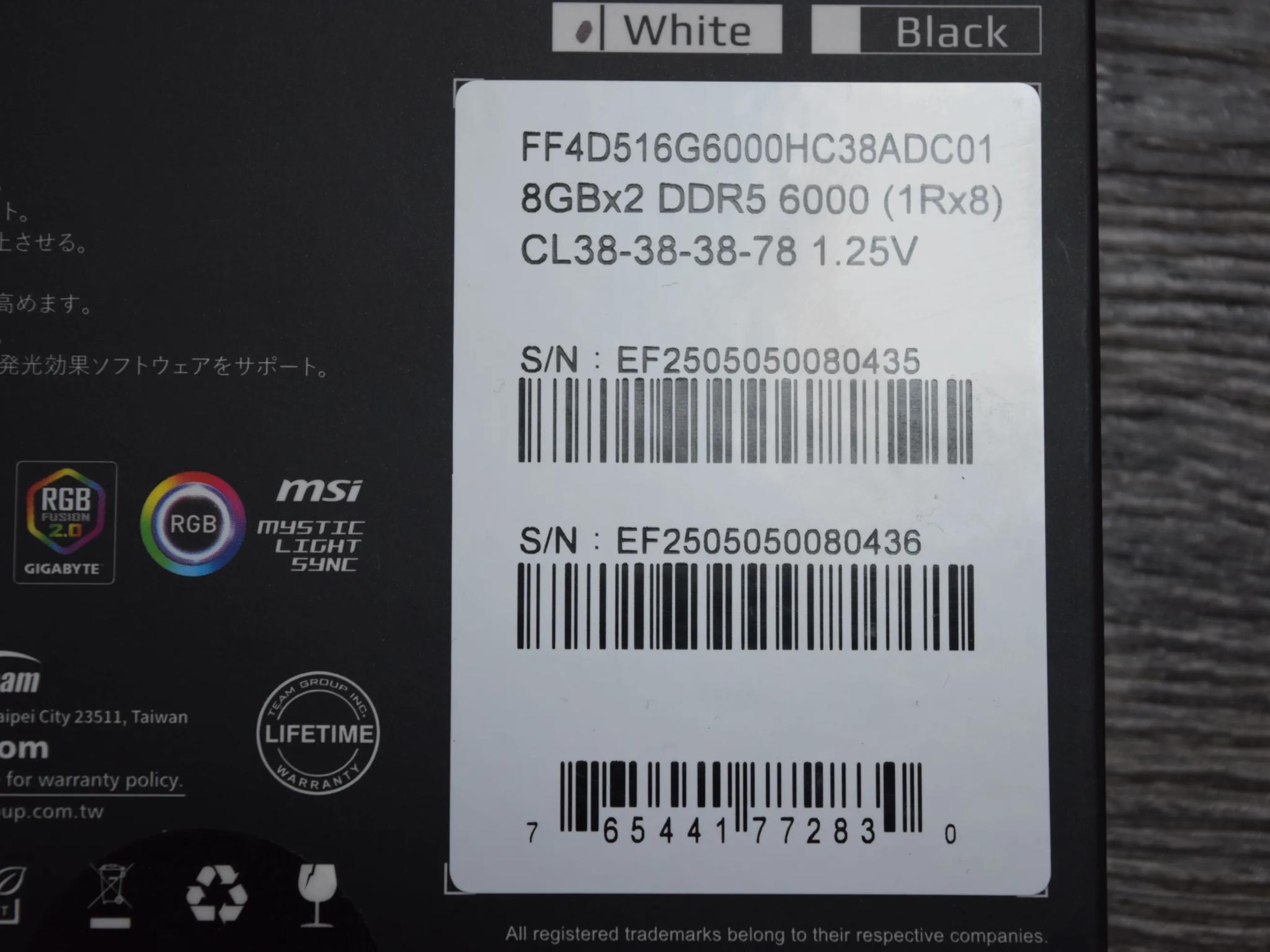 Team Group 16GB (2 x 8GB) 288-Pin White DDR5 6000 CL38 FF4D516G6000HC38ADC01
