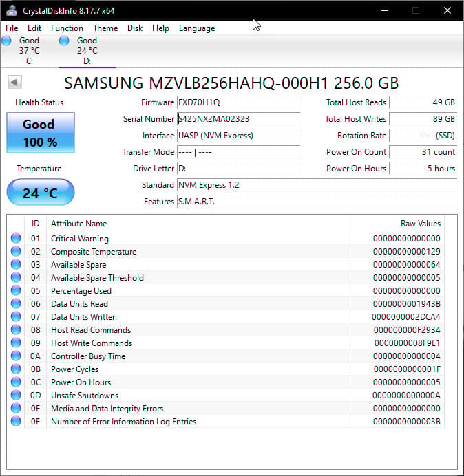 Used, Samsung PM981 256GB NVMe M.2 SSD