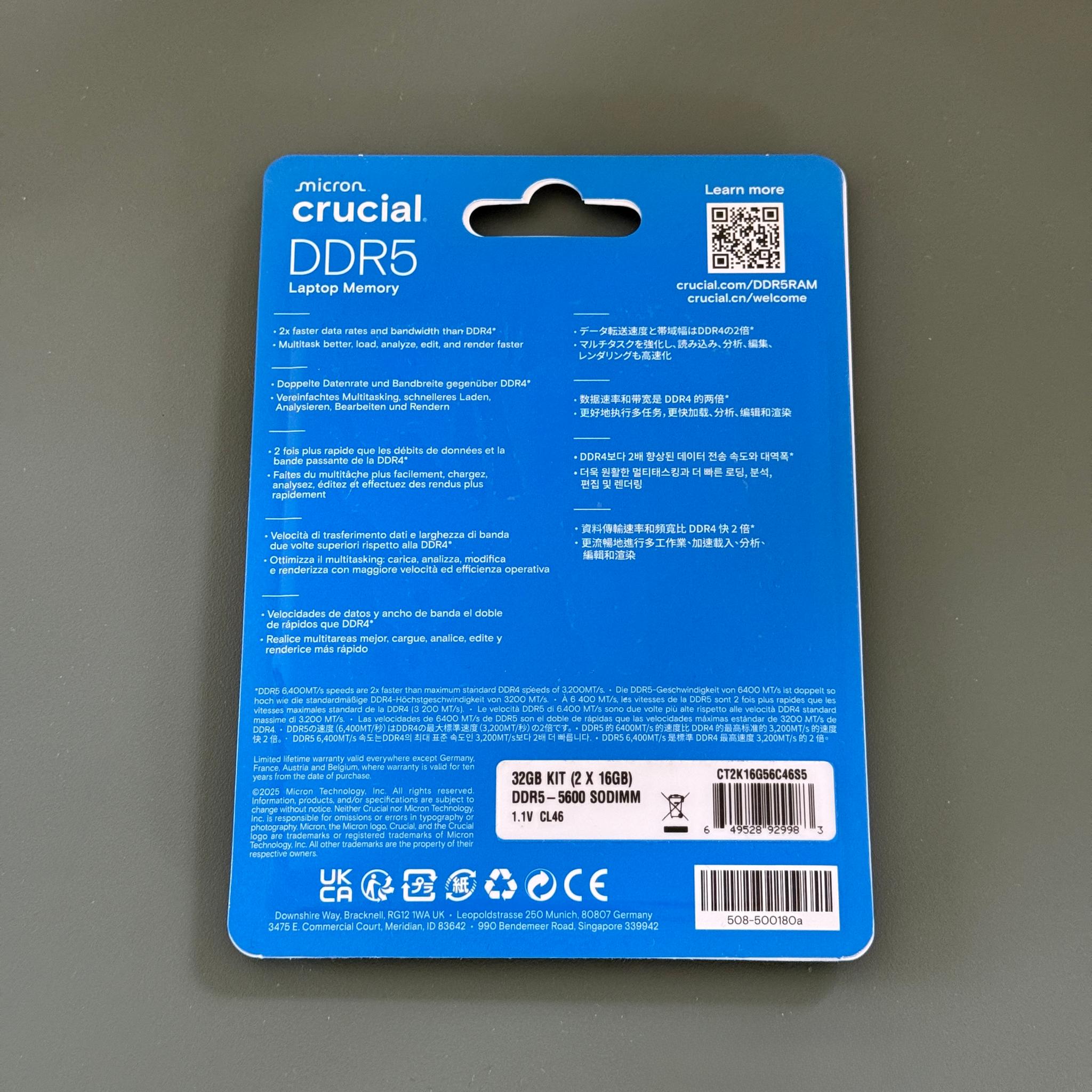 **UNOPENED** Crucial 32GB Kit (2x16GB) DDR5 5600MT/s Laptop Memory RAM (SODIMM)