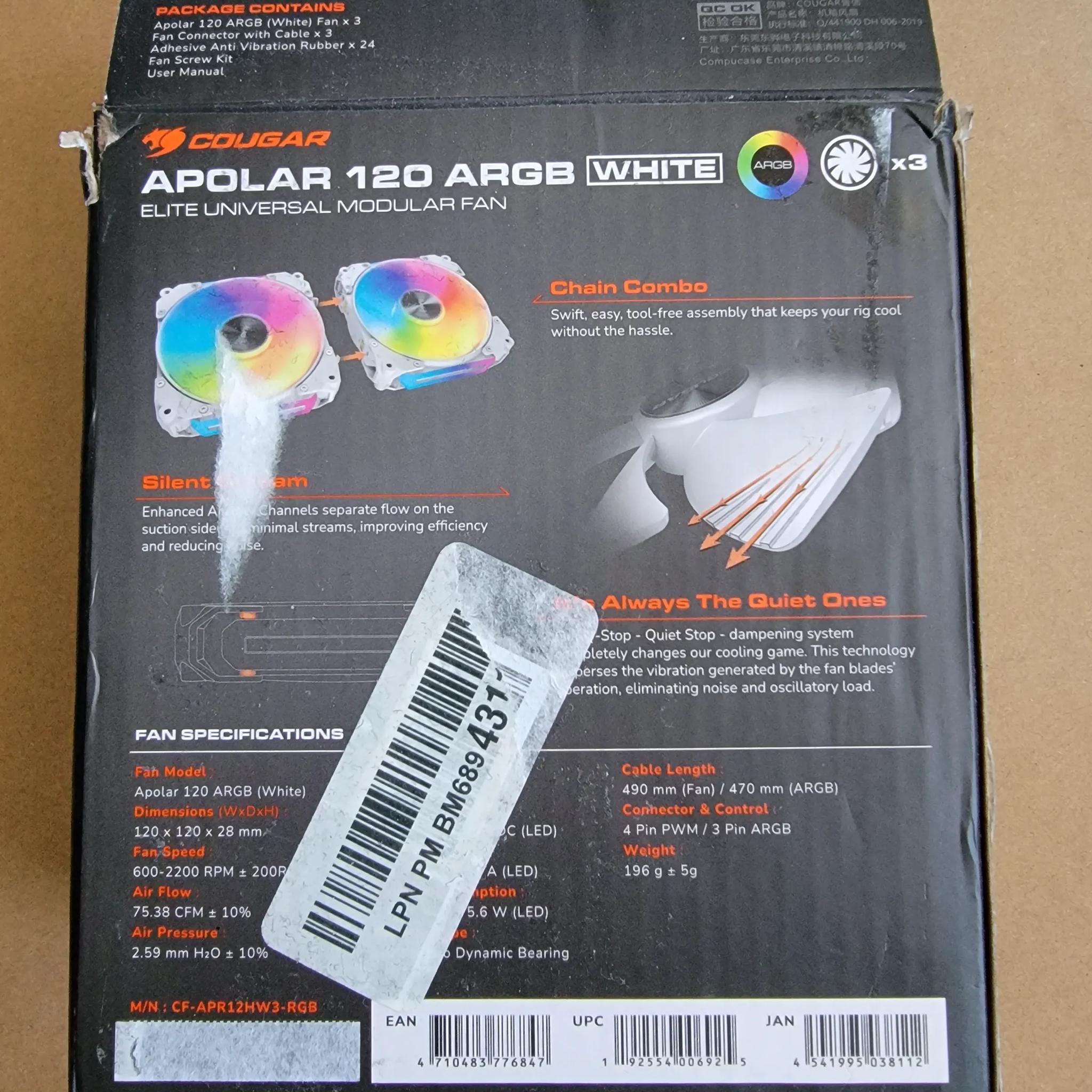 3 Pack Cougar Apolar 120mm RGB Fans - White - Used