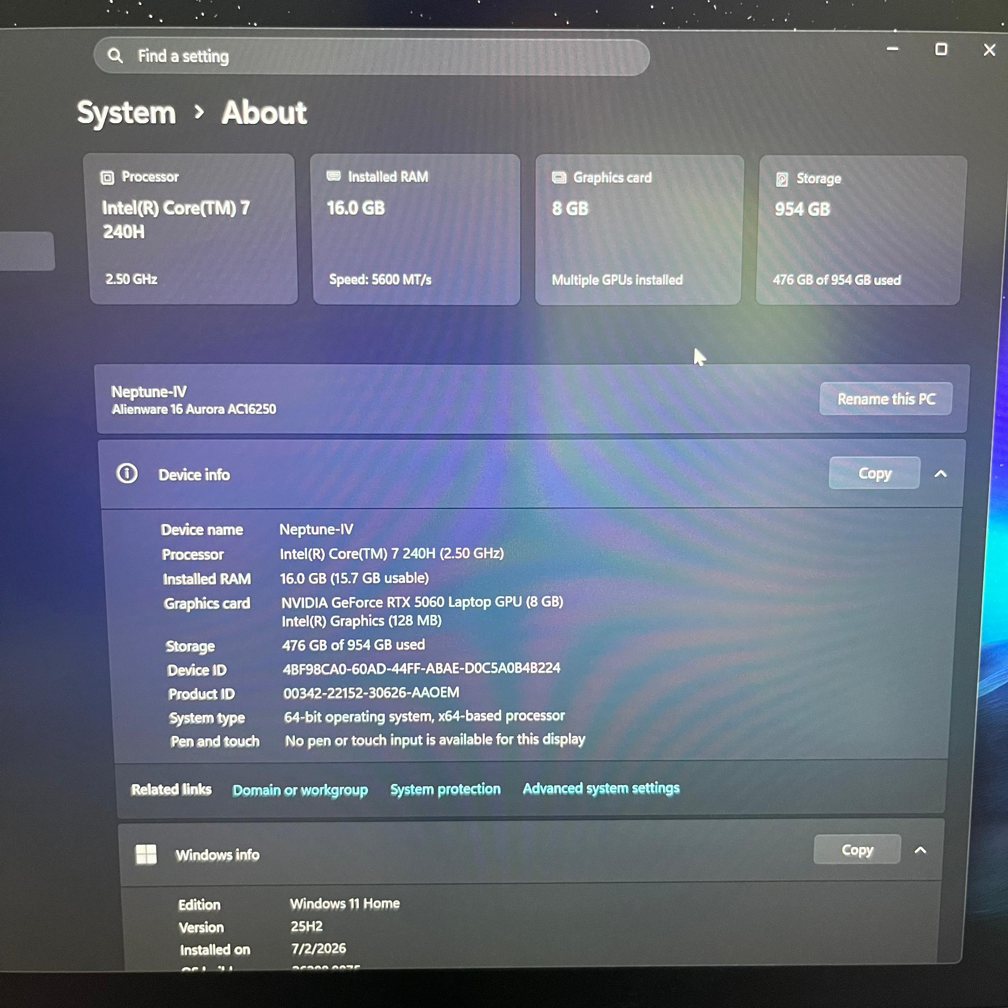 🛸👽Alienware Aurora 16 Gaming laptop/ RTX 5060/ I7 240h/ 16gb DDR5/ 1Tb. READ