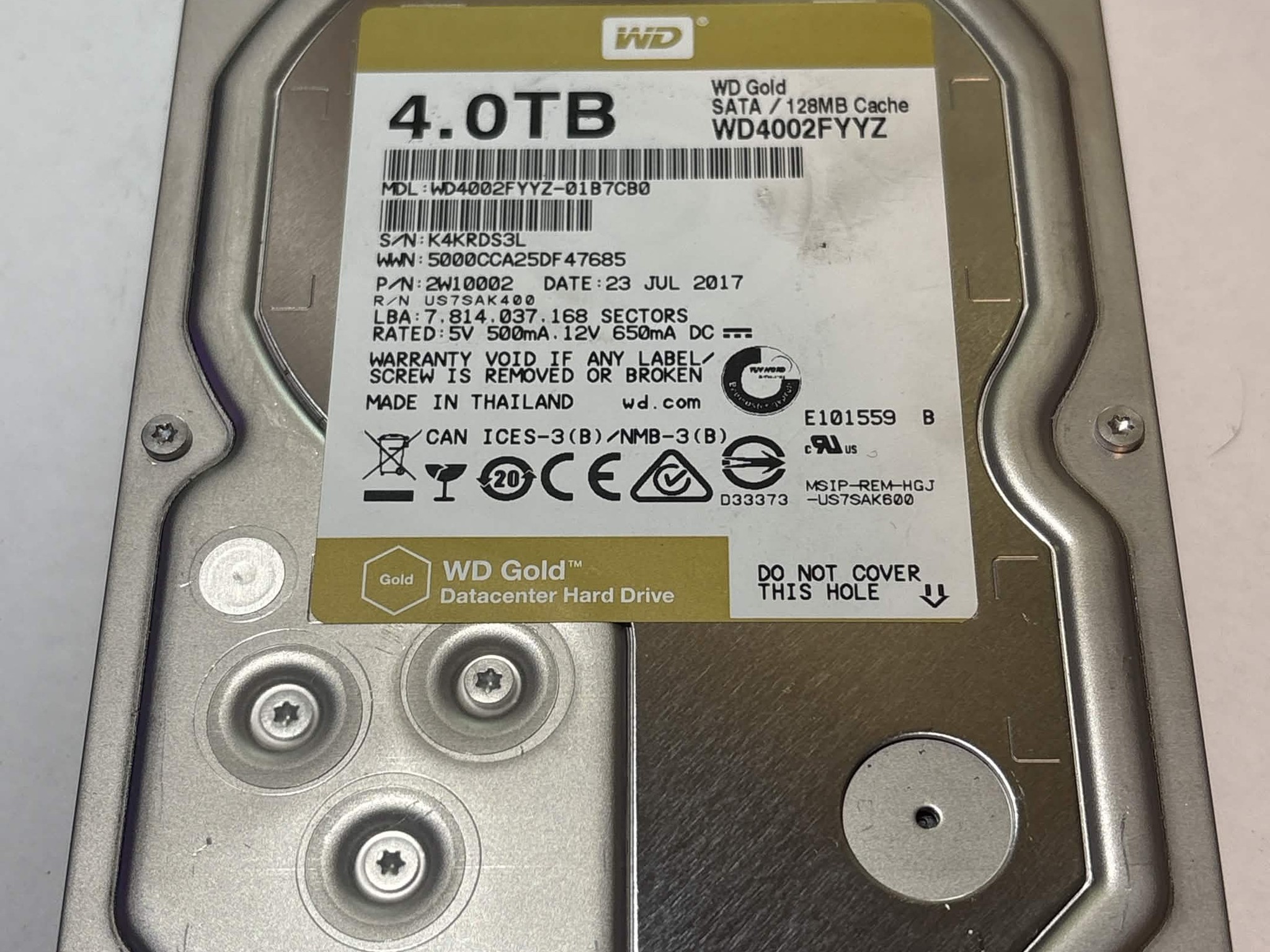 WD Gold 4TB WD4002FYYZ 7200RPM SATA Datacenter HDD – 14,687 Hours – SMART Good