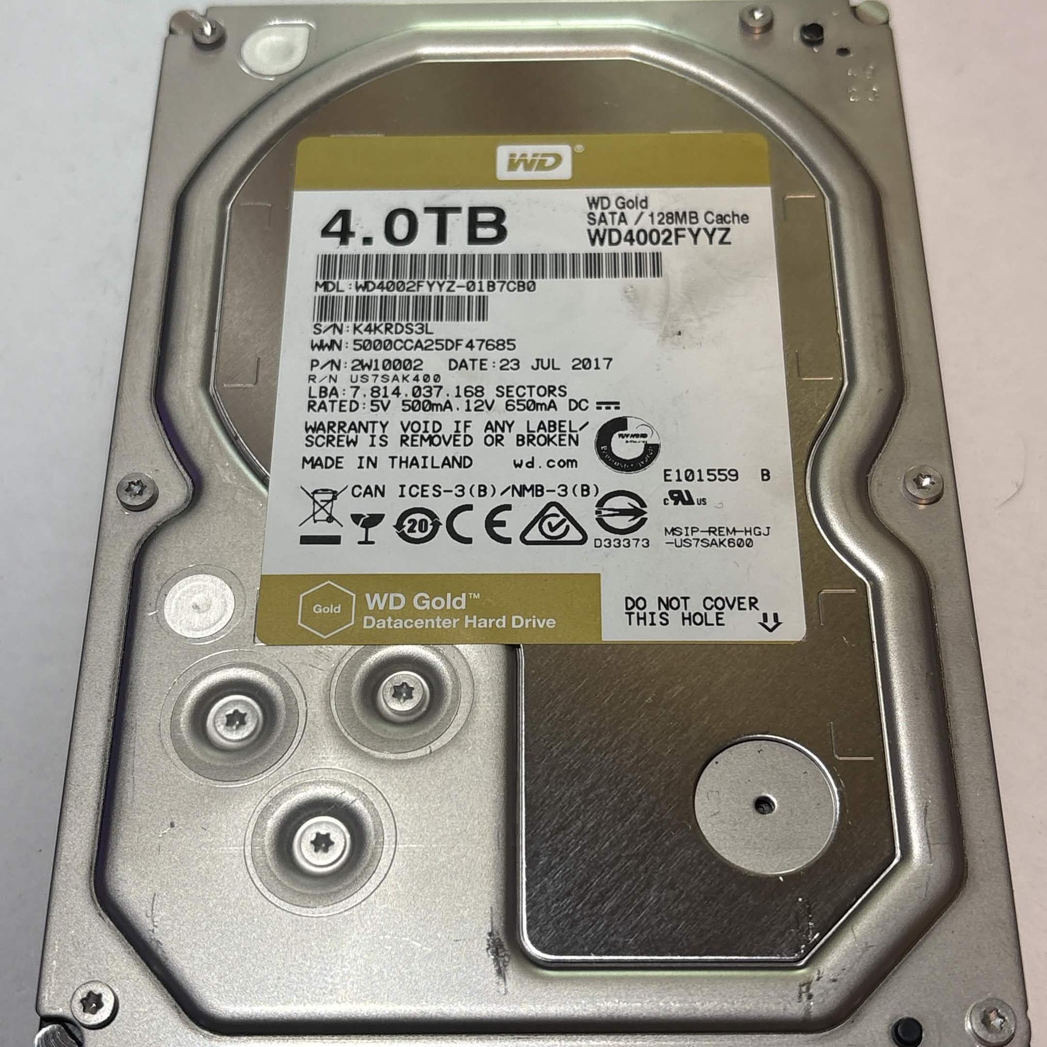 WD Gold 4TB WD4002FYYZ 7200RPM SATA Datacenter HDD – 14,687 Hours – SMART Good