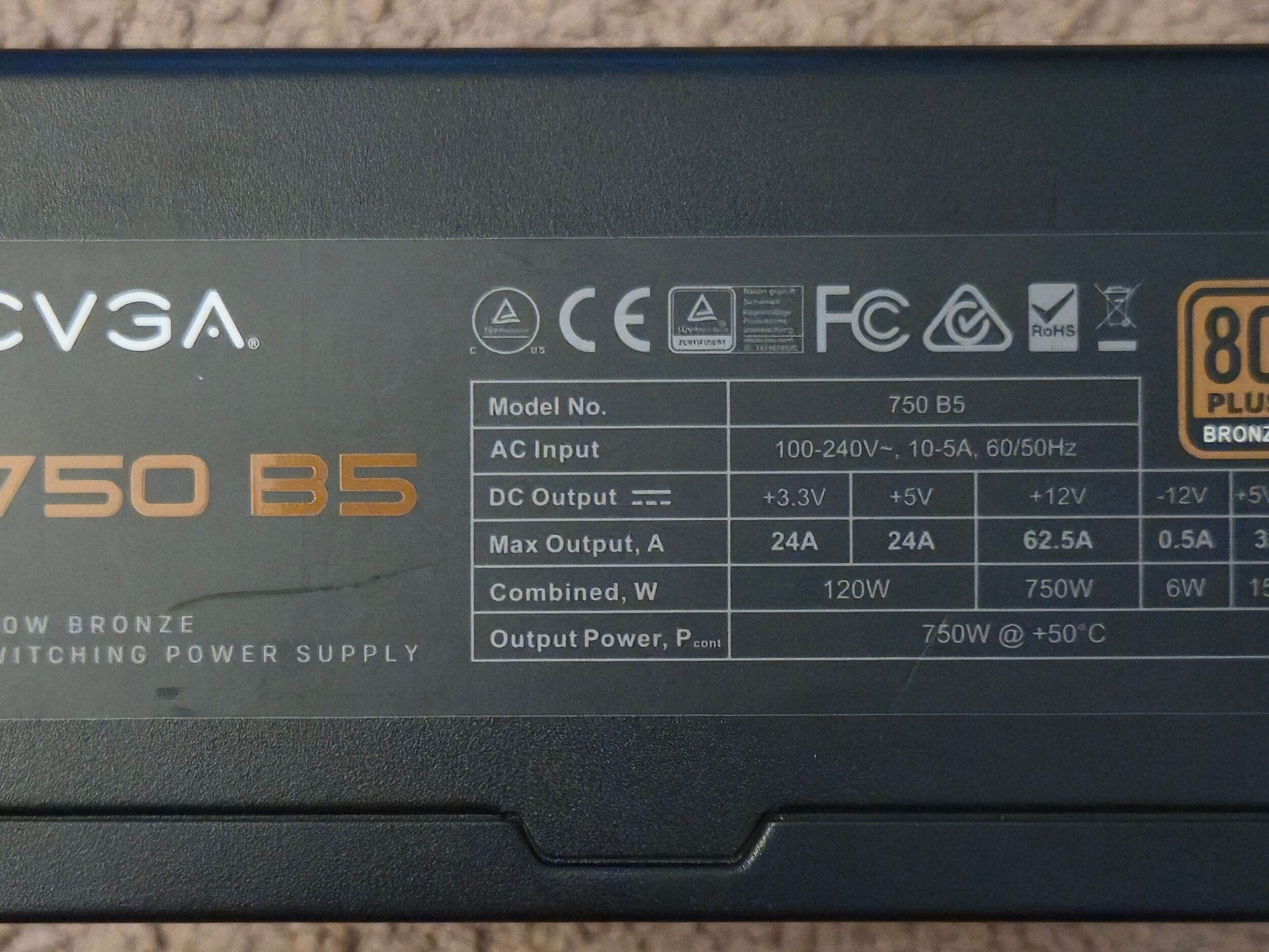 EVGA 750 B5 ATX PSU 80 Plus Bronze w/ Cables