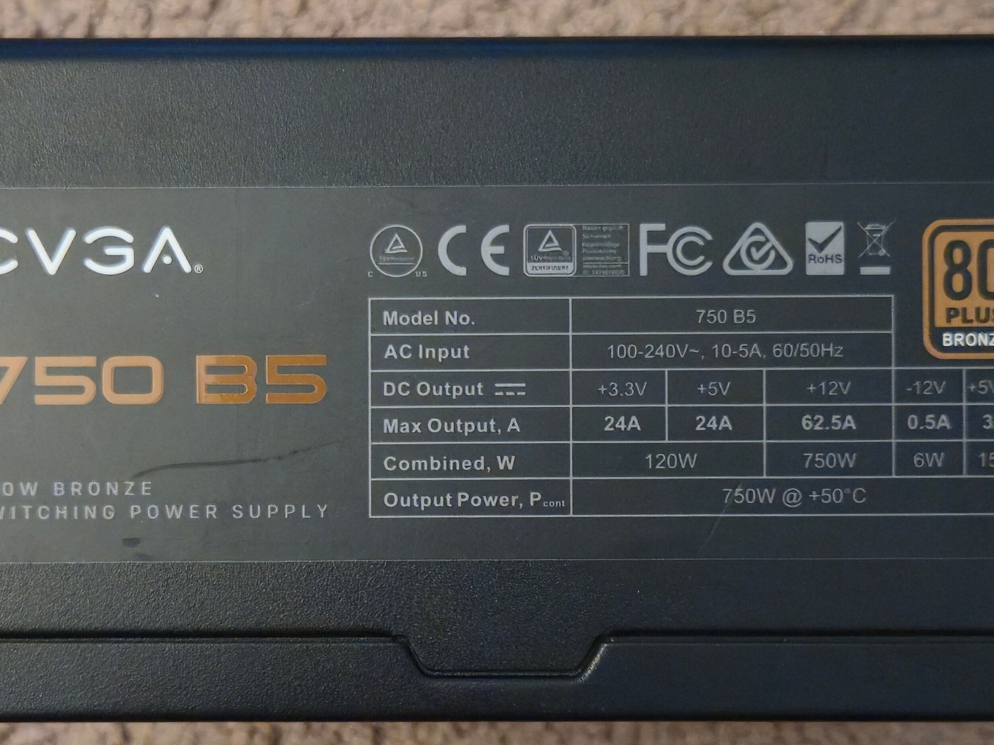 EVGA 750 B5 ATX PSU 80 Plus Bronze w/ Cables