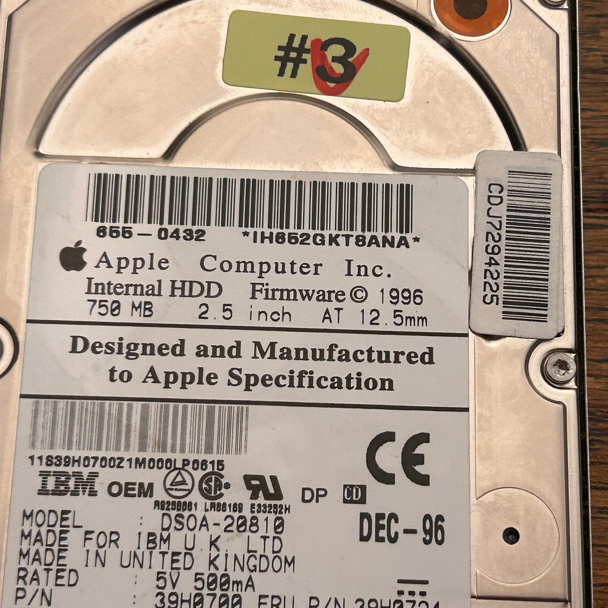 Vintage 1996 Apple Internal 750 MB 2.5" IDE Hard Drive - DSOA-20810 - VTG - TESTED