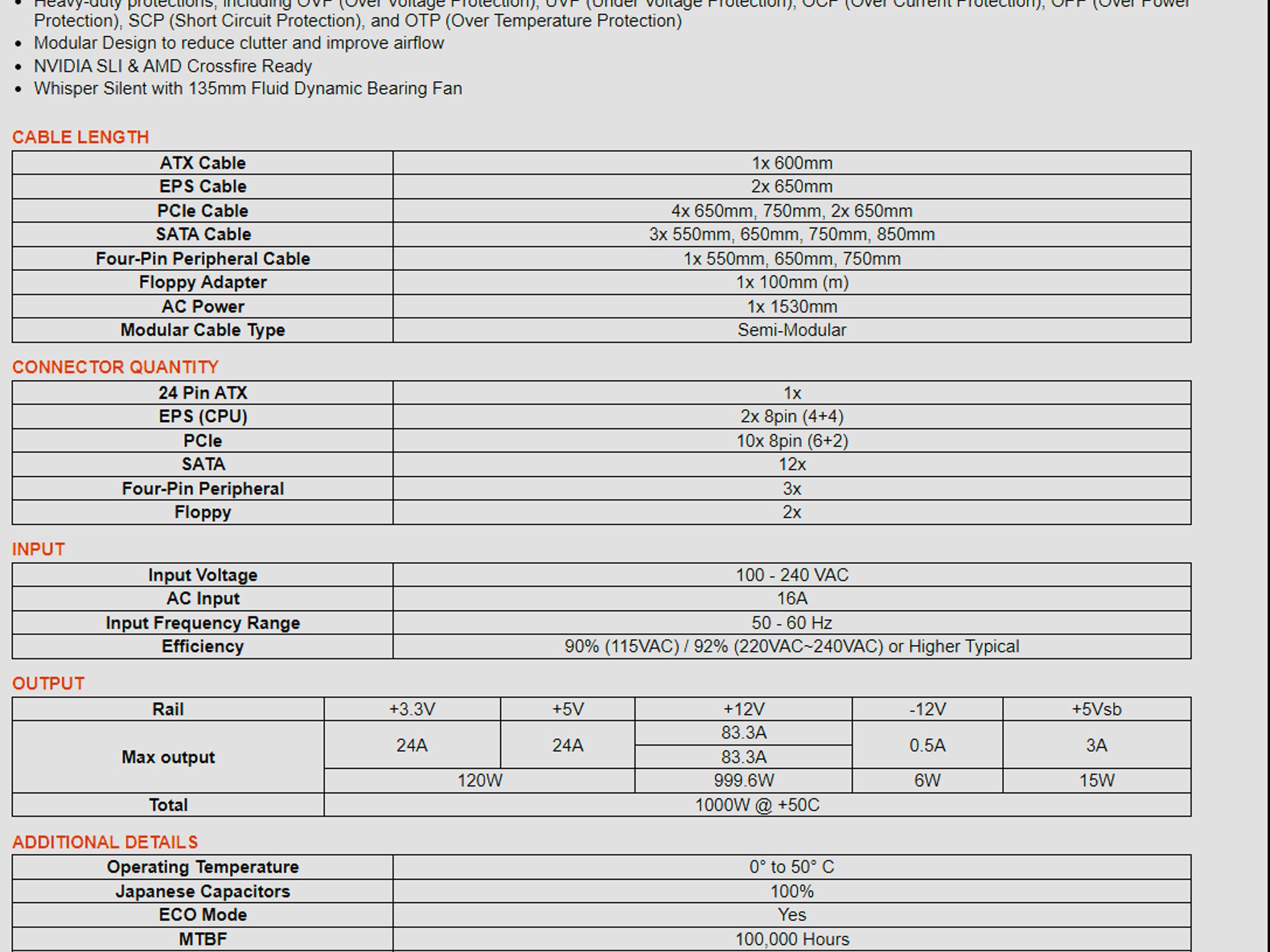 EVGA 1000 GQ, 80+ GOLD 1000W, Semi Modular, EVGA ECO Mode