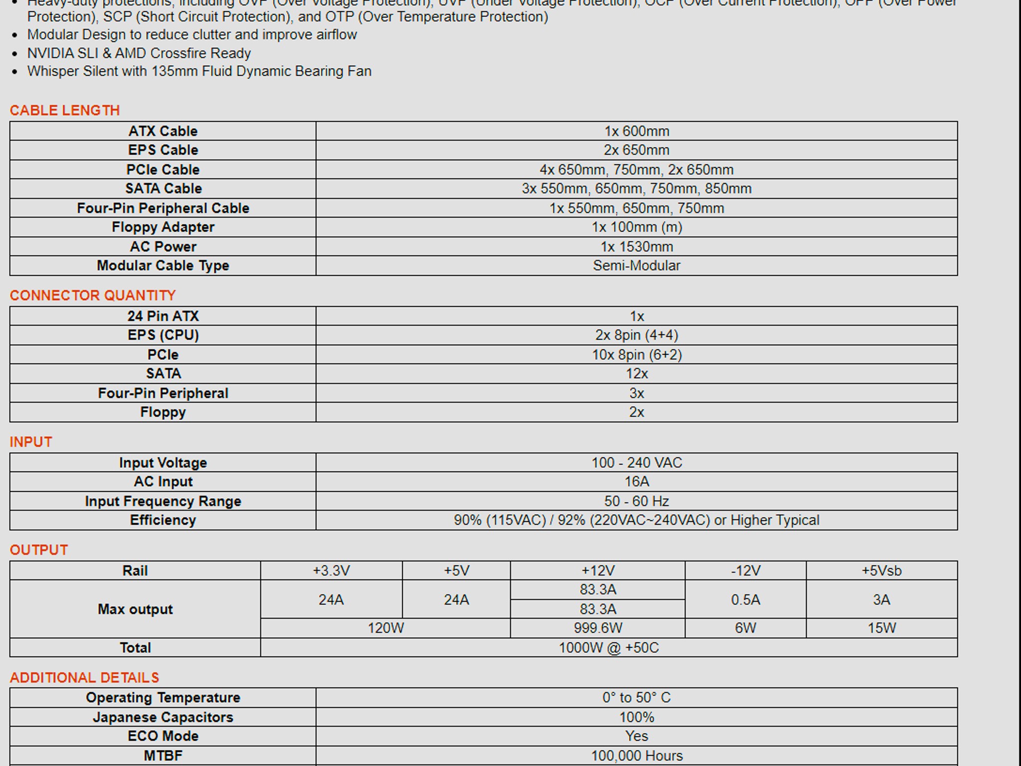 EVGA 1000 GQ, 80+ GOLD 1000W, Semi Modular, EVGA ECO Mode