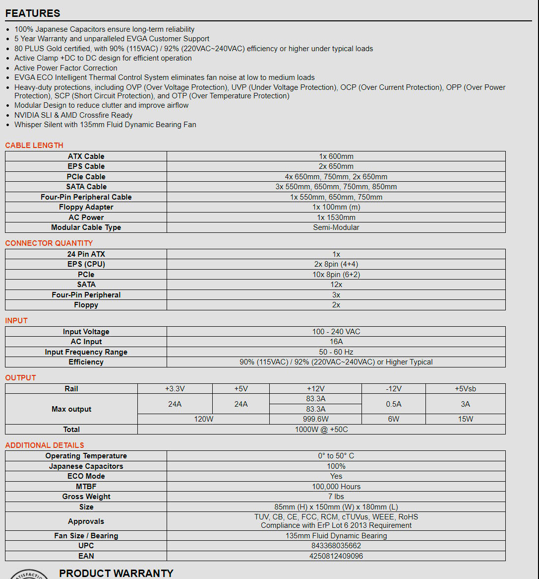 EVGA 1000 GQ, 80+ GOLD 1000W, Semi Modular, EVGA ECO Mode