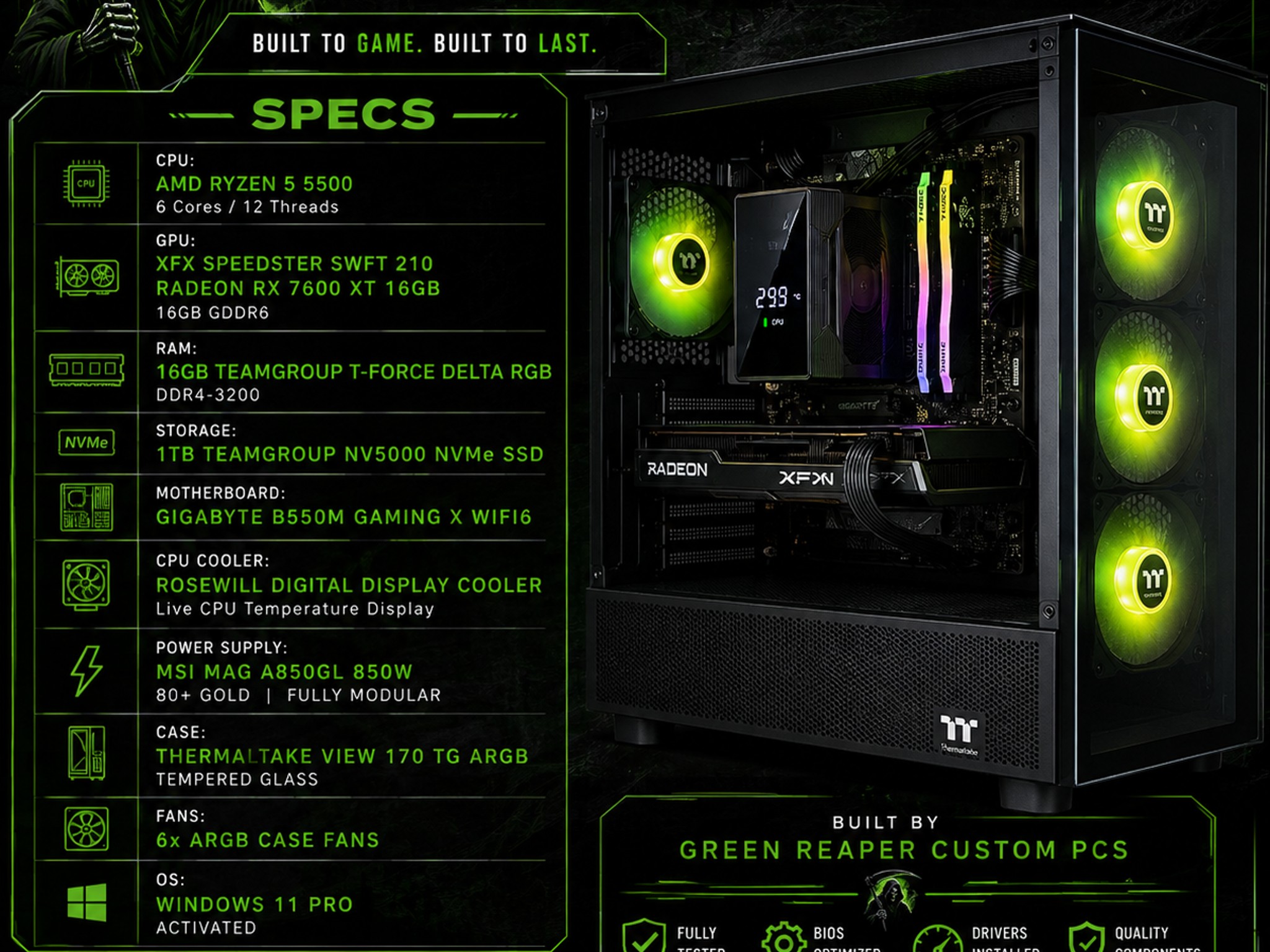 Green Reaper Gaming PC | Ryzen 5 5500 | RX 7600 XT 16GB | 16GB RAM | 1TB NVMe