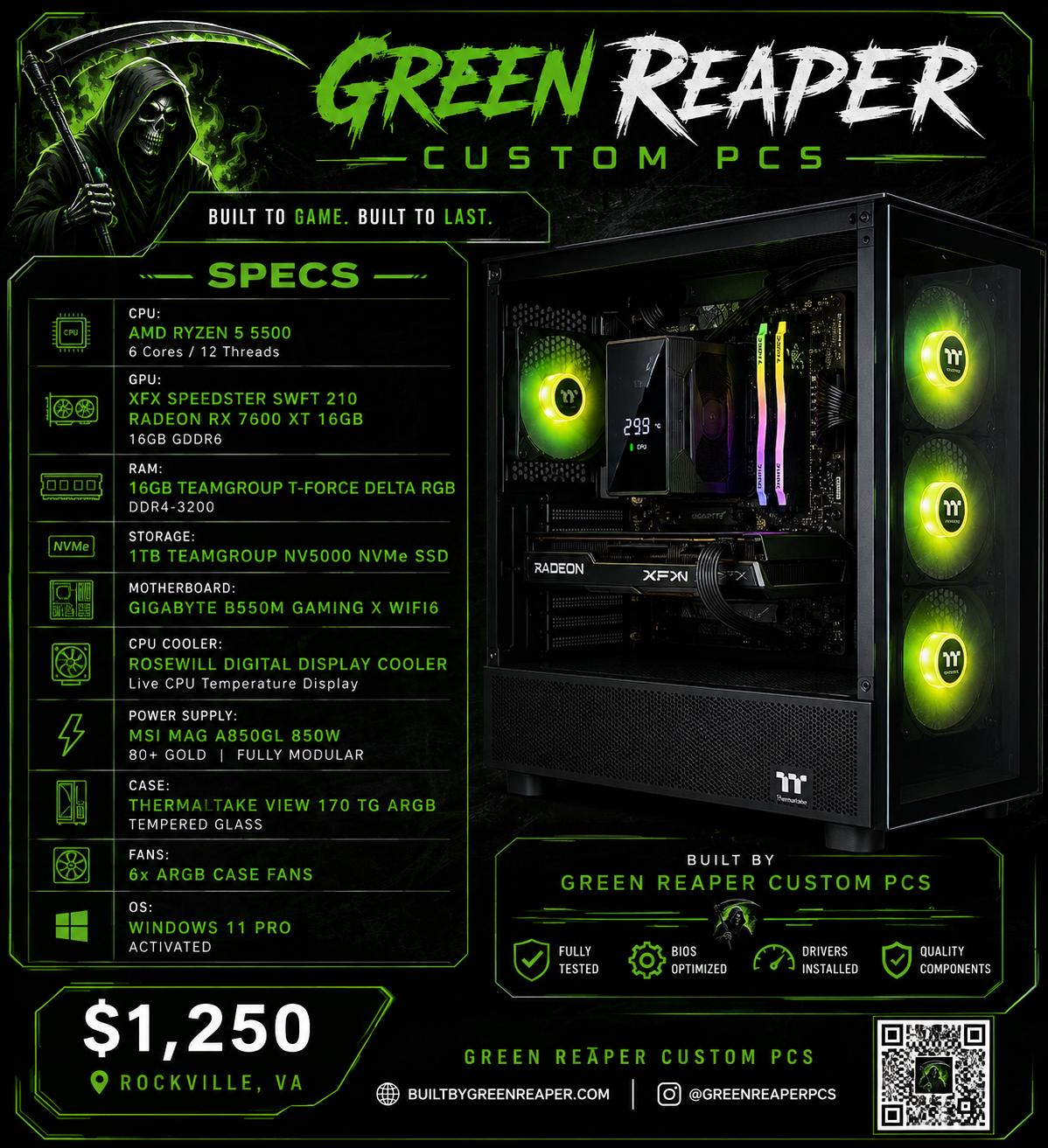 Green Reaper Gaming PC | Ryzen 5 5500 | RX 7600 XT 16GB | 16GB RAM | 1TB NVMe
