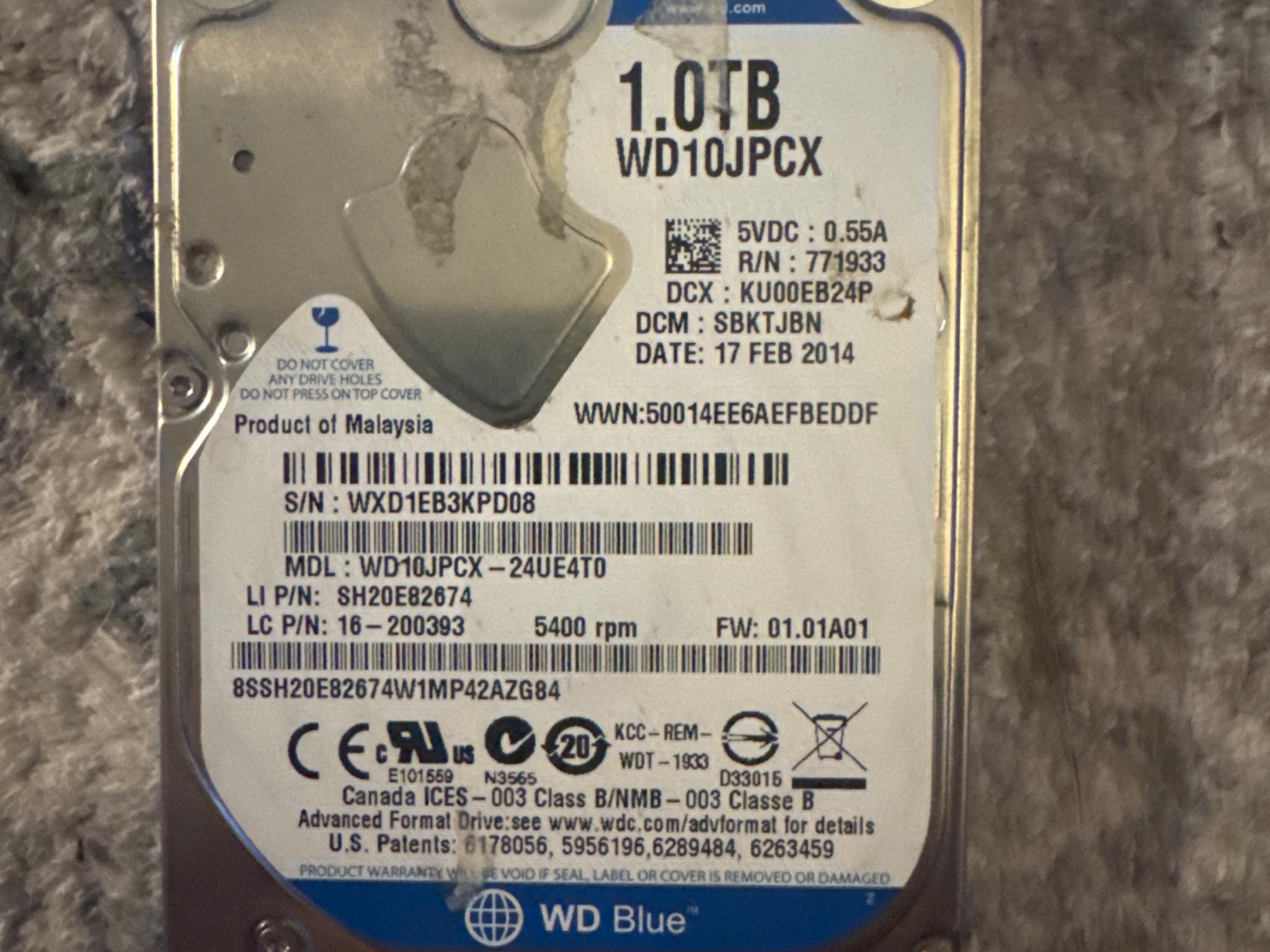 1TB Western Digital 2.5” HDD WD10JPCX